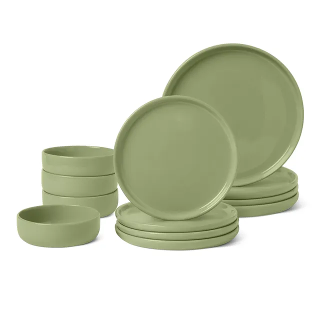 Amazon Basics Servizio da Tavola 12 Pezzi Verde Oliva Gres