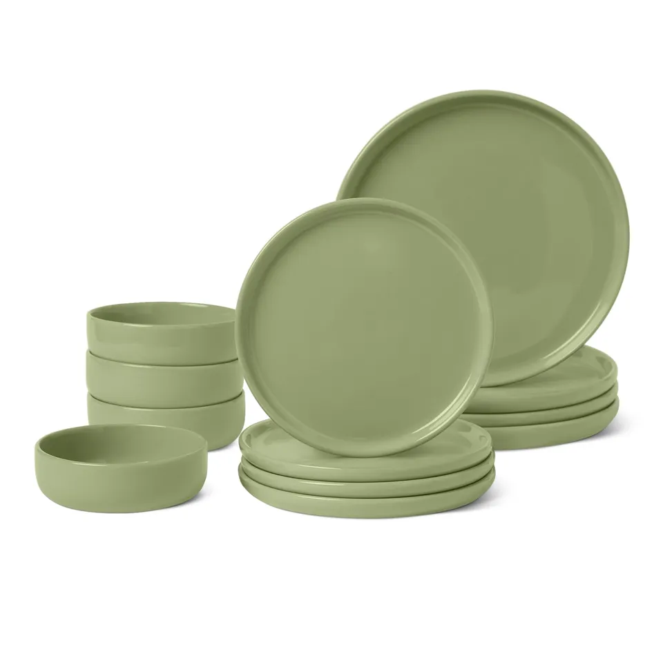 Amazon Basics Servizio da Tavola 12 Pezzi Verde Oliva Gres