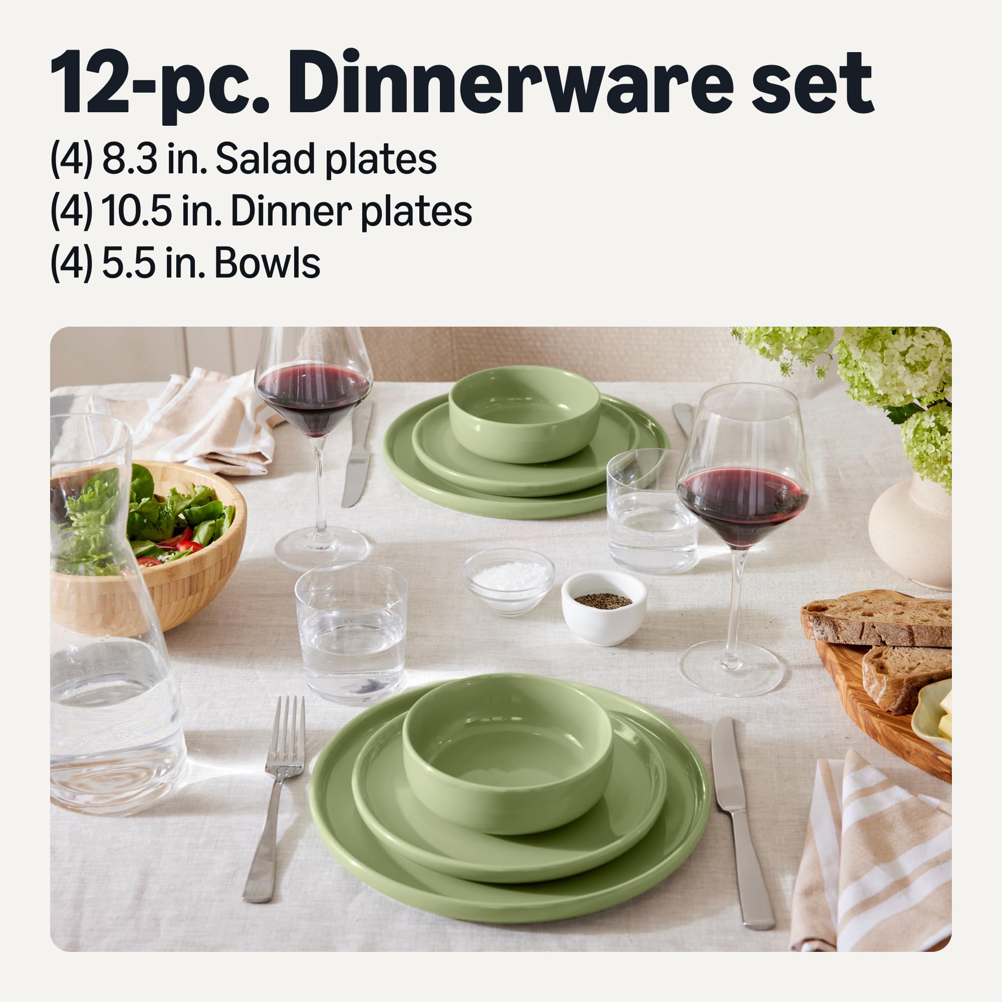 Amazon Basics Servizio da Tavola 12 Pezzi Verde Oliva Gres