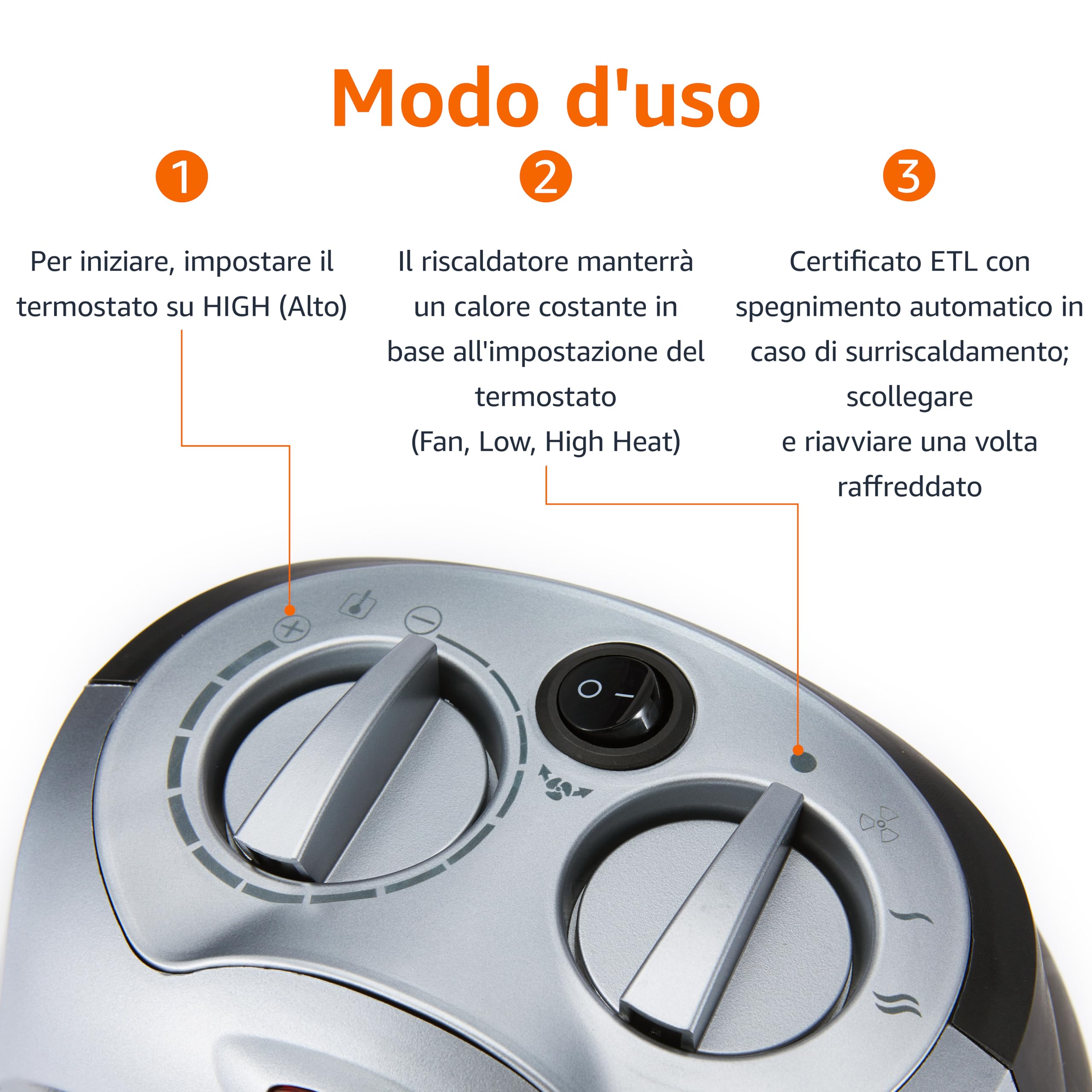 AmazonBasics Termoventilatore Ceramica Oscillante 1800W Argento