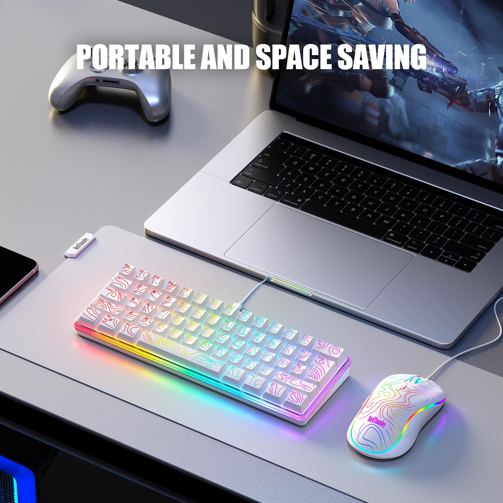 RedThunder Tastiera e Mouse Gaming 60% RGB 61 Tasti Bianco