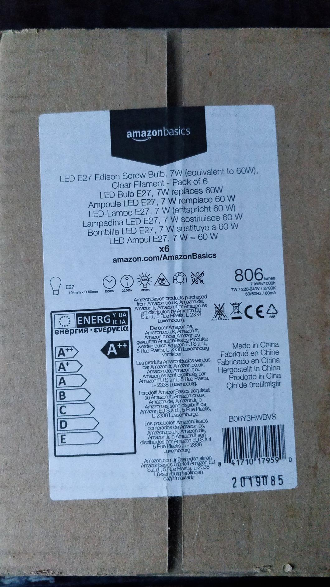 Amazon Basics Lampadine LED E27 7W 6 pezzi luce calda