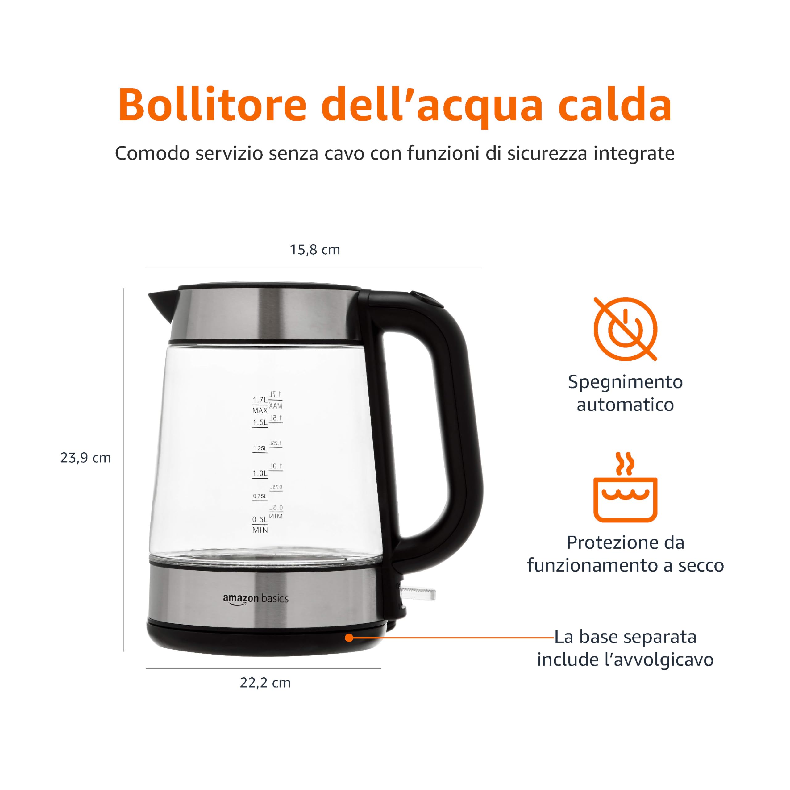 AmazonBasics Bollitore Vetro 1,7 L 2200W Nero Vetro