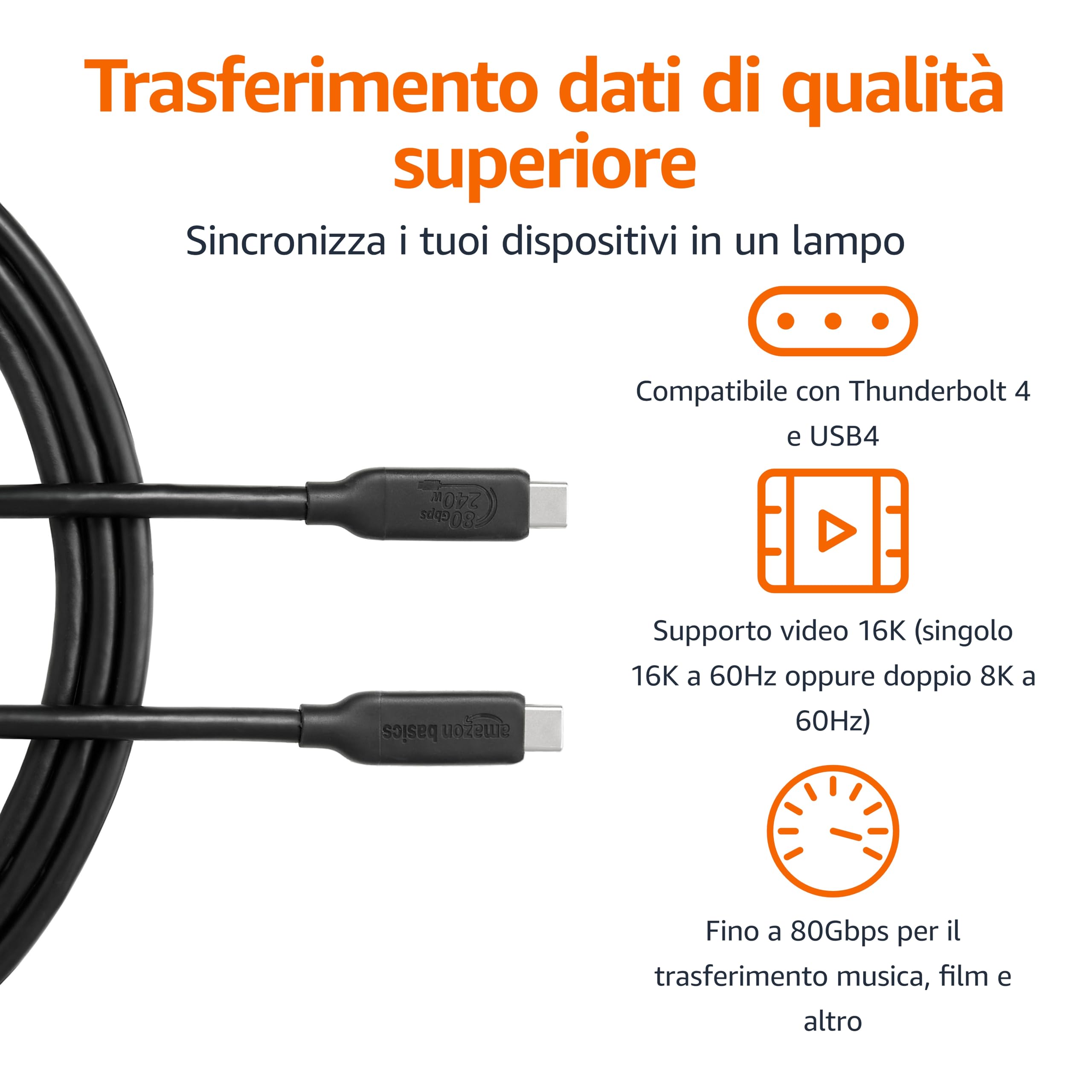 Amazon Basics cavo USB4 USB-C 1,5m 240W 80Gbps