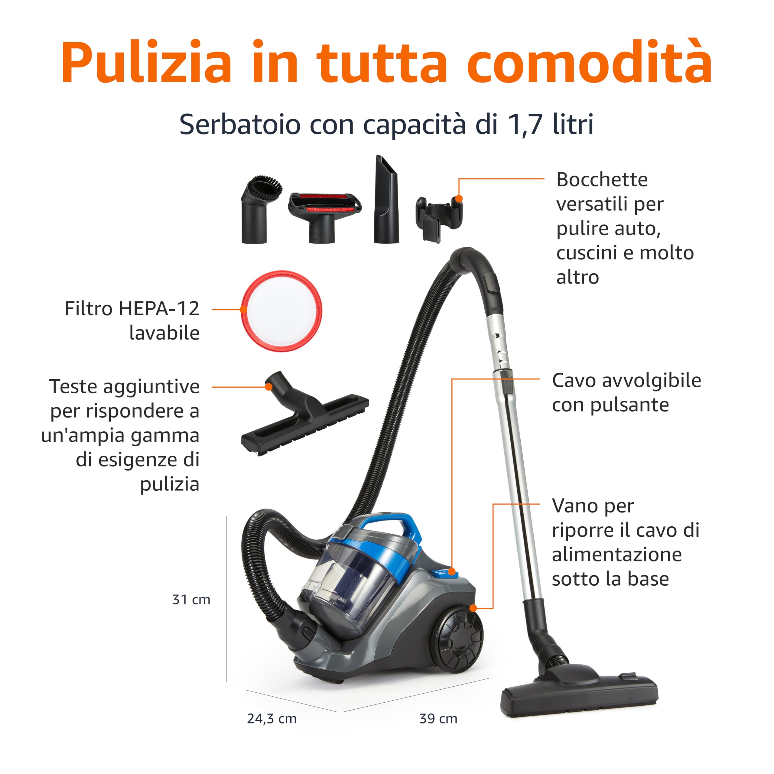 AmazonBasics Aspirapolvere Traino Senza Sacco 850W 1,7L