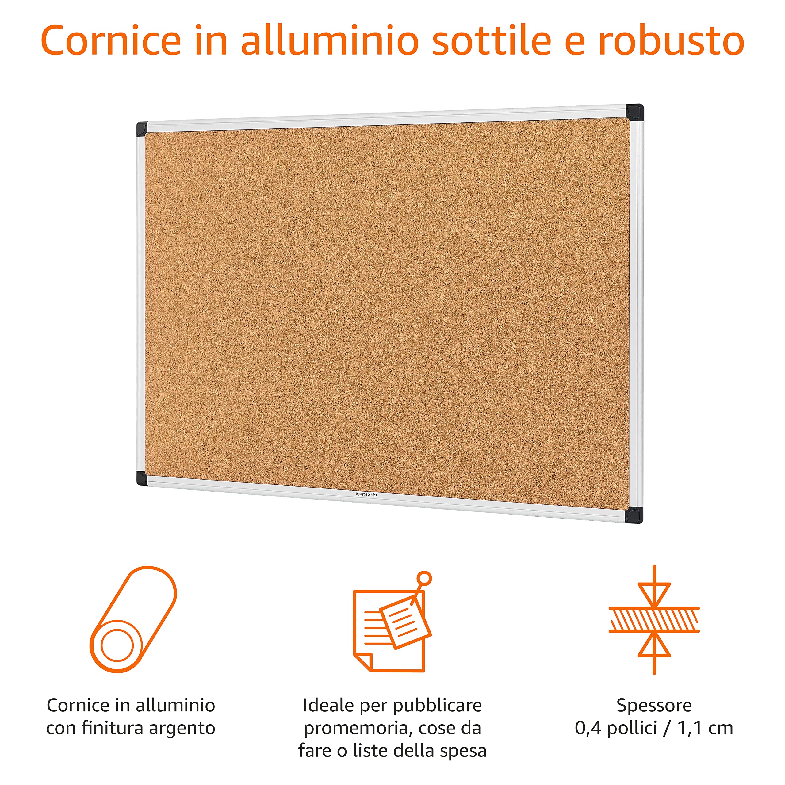 Amazon Basics Bacheca Sughero 90x60 cm Alluminio Argento