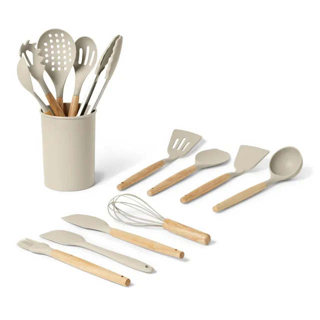 Amazon Basics utensili cucina silicone 14 pezzi grigio lino legno