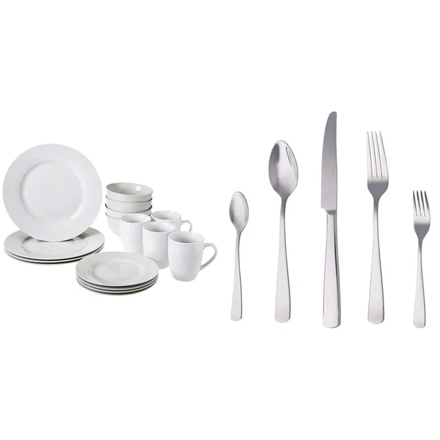 Amazon Basics Servizio Tavola 16 Piatti + 20 Posate per 4 Bianco