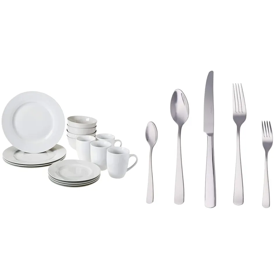Amazon Basics Servizio Tavola 16 Piatti + 20 Posate per 4 Bianco