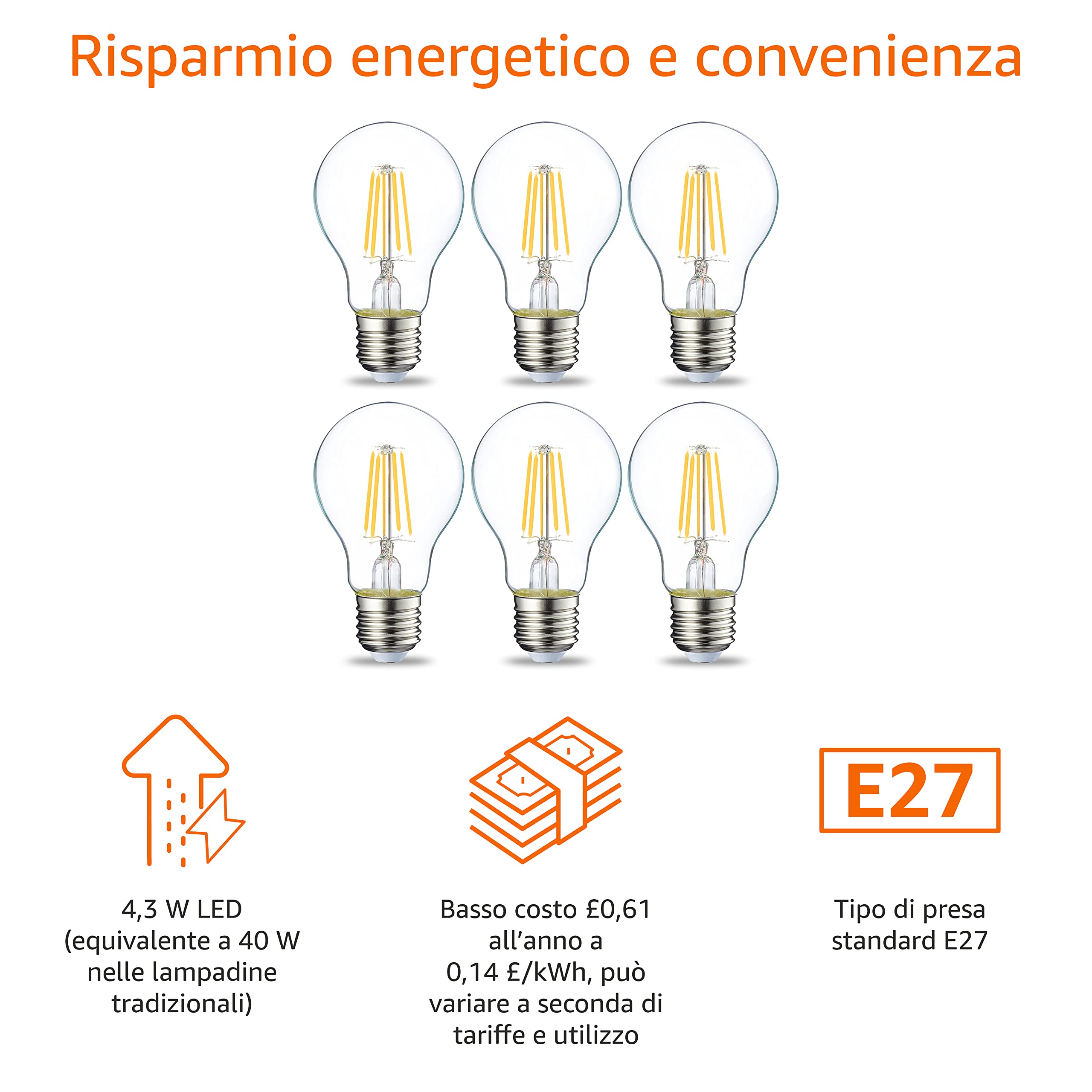 AmazonBasics lampadine LED E27 4,3W confezione 6 pezzi luce calda