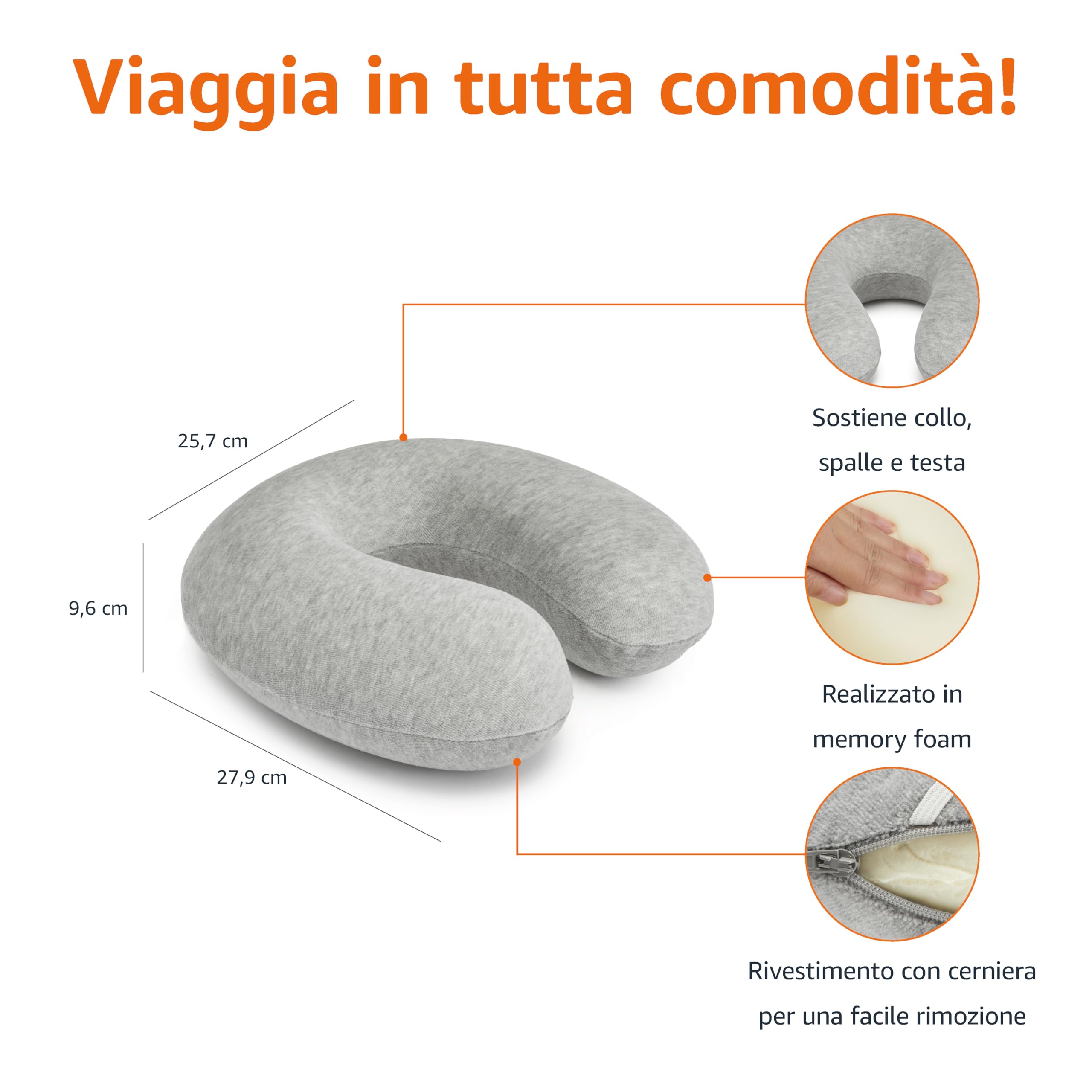 Amazon Basics Cuscino da Viaggio Memory Foam Grigio semicircolare