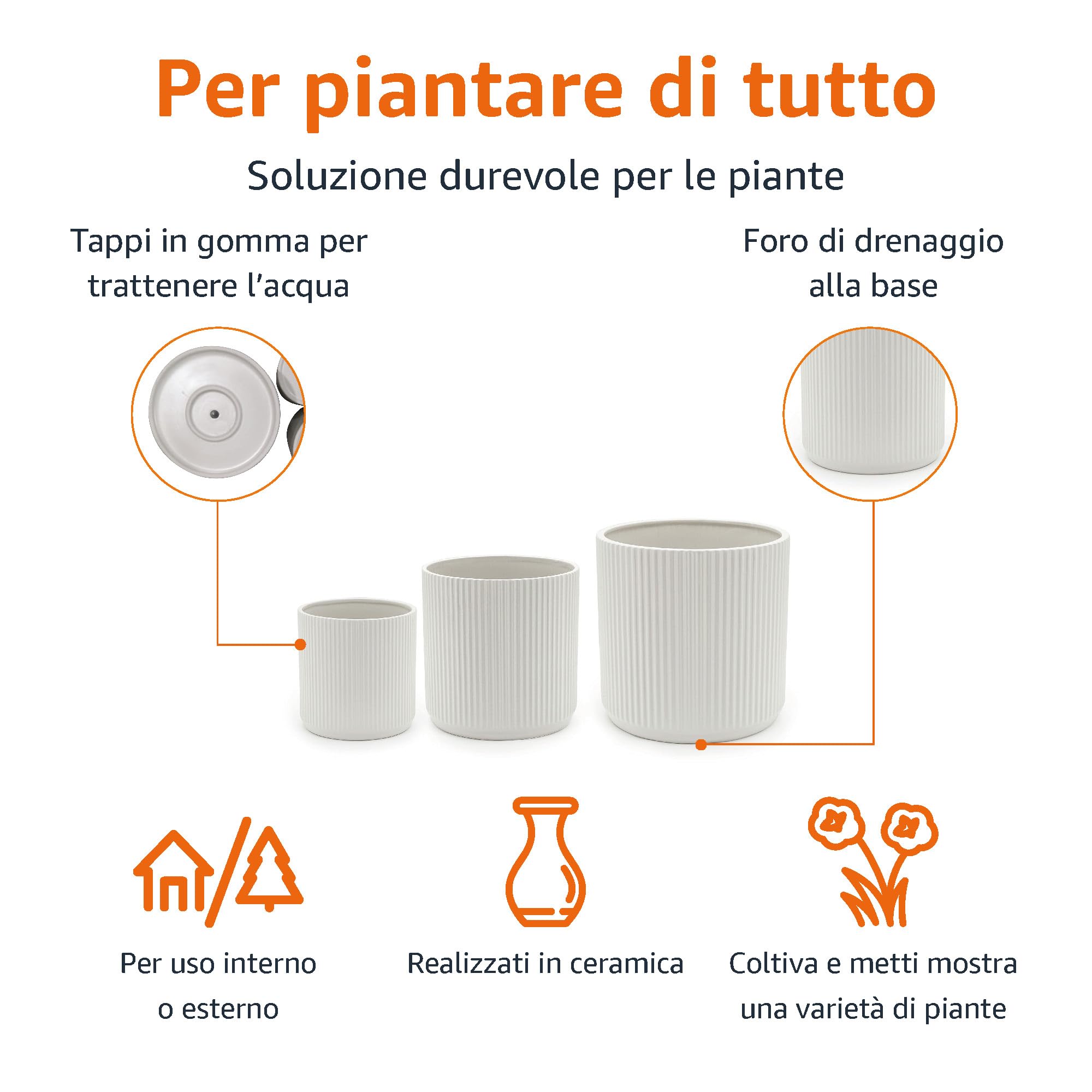 AmazonBasics Vasi Ceramica Scanalati Set 3 Bianco con Drenaggio