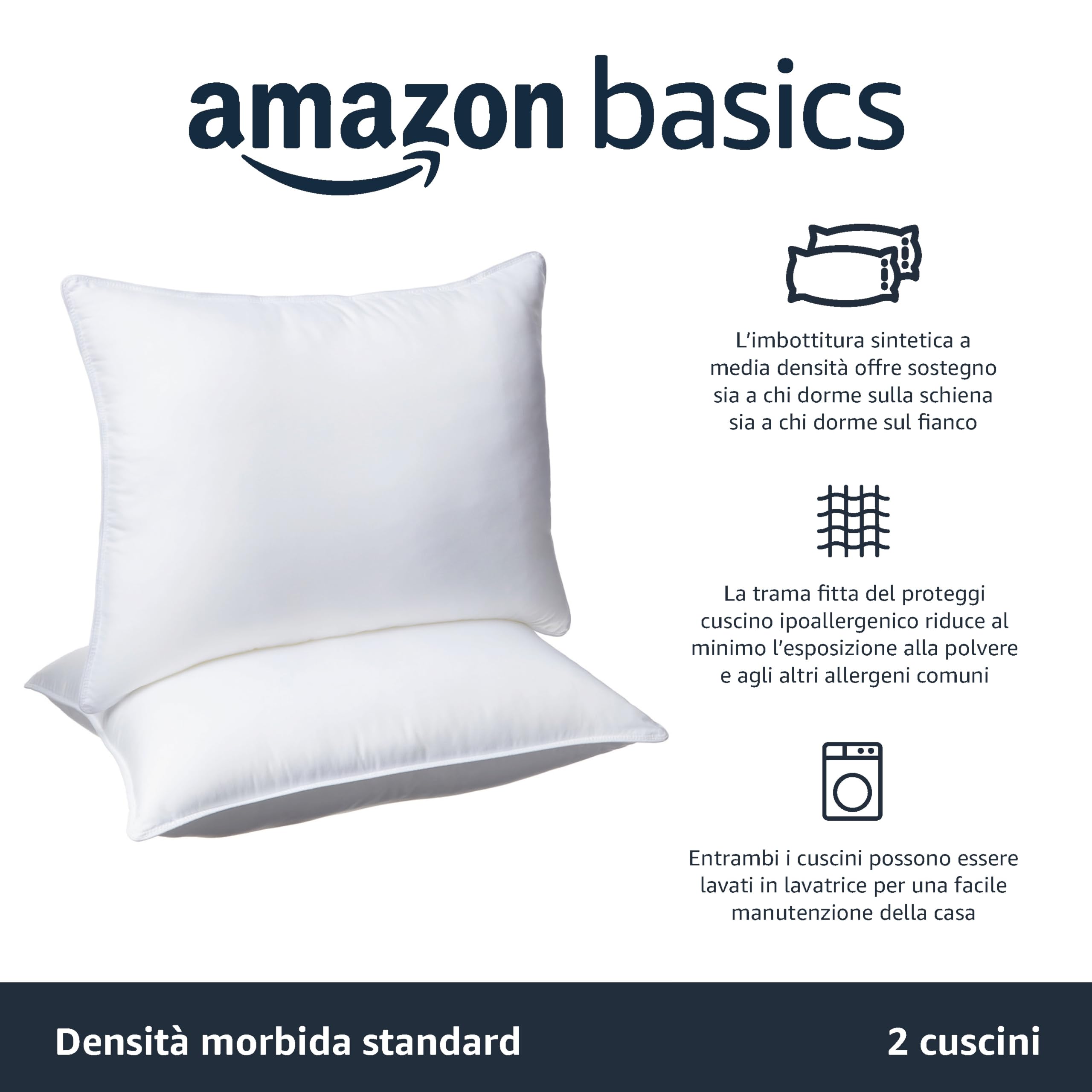 AmazonBasics Cuscini Letto Morbidi 51x66 cm 2 Pezzi