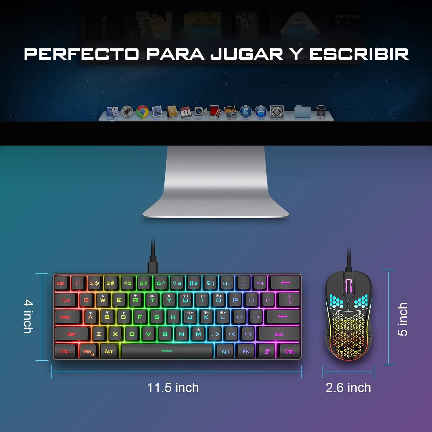 RedThunder K62 Kit Tastiera Mouse Gaming RGB 60% Nero 7200 DPI