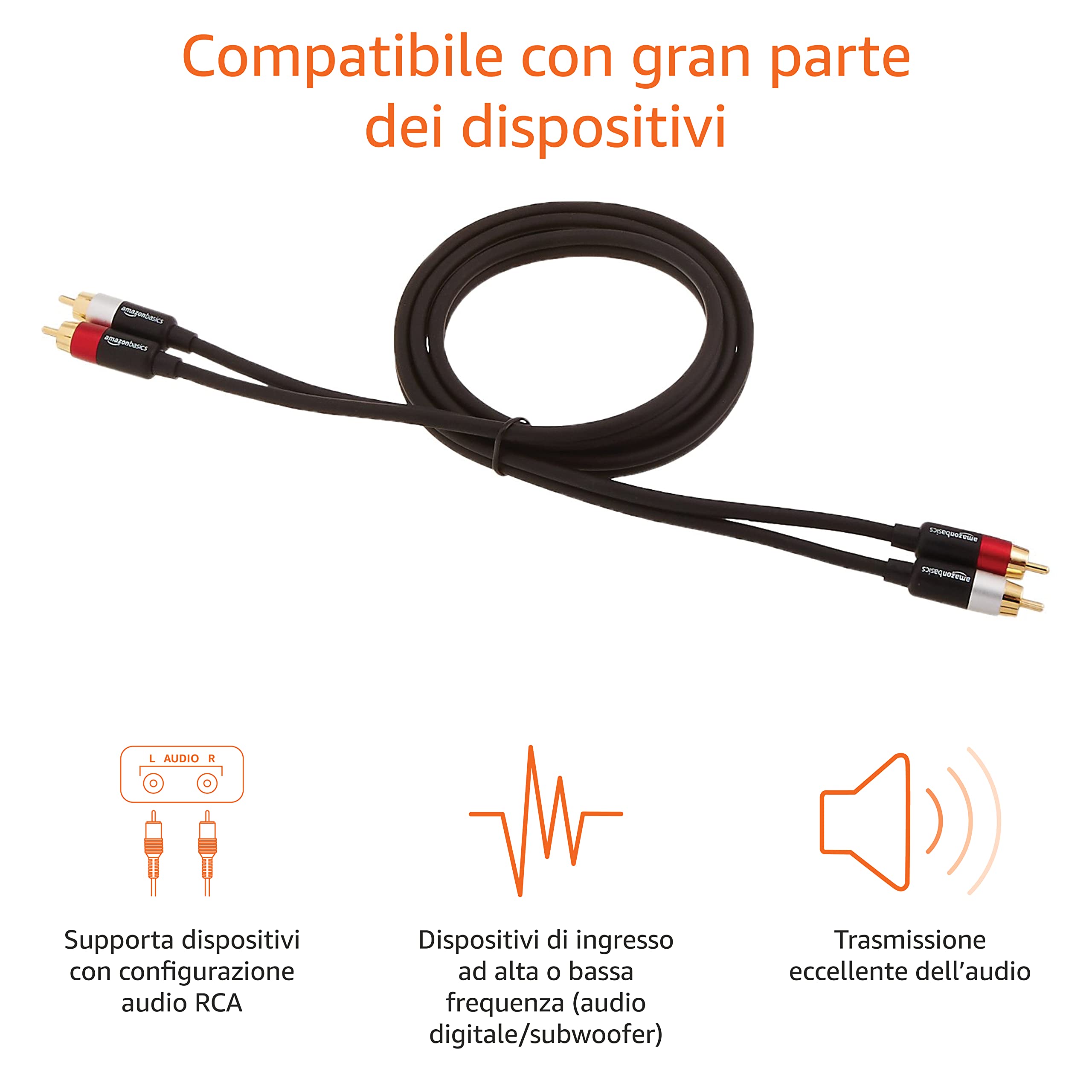 AmazonBasics Cavo Audio RCA 2 Maschi 1,22 m Placcato Oro