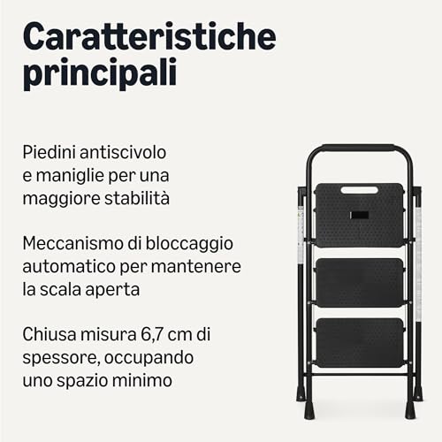 Amazon Basics Scala Pieghevole 3 Gradini Acciaio Nera 150kg