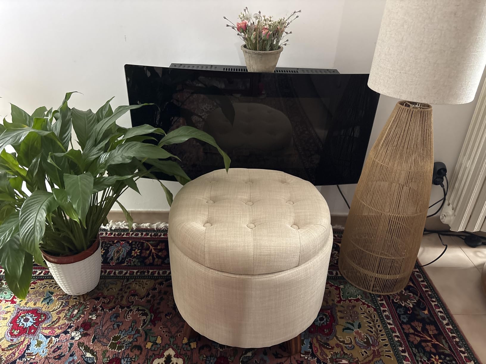 Amazon Basics Sgabello Imbottito Rotondo Beige Pouf Contenitore