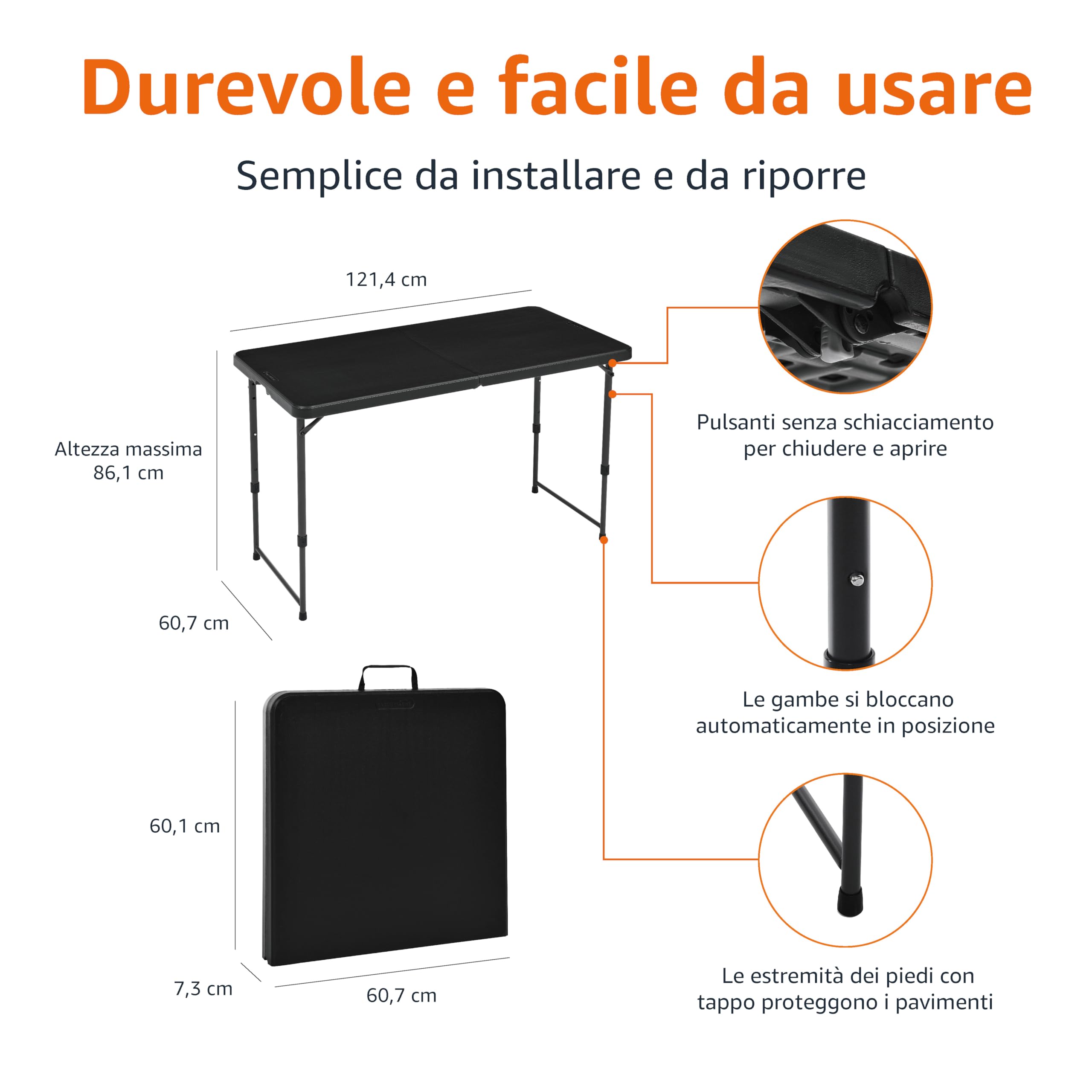 AmazonBasics Tavolo Pieghevole 121 cm Nero Altezza Regolabile