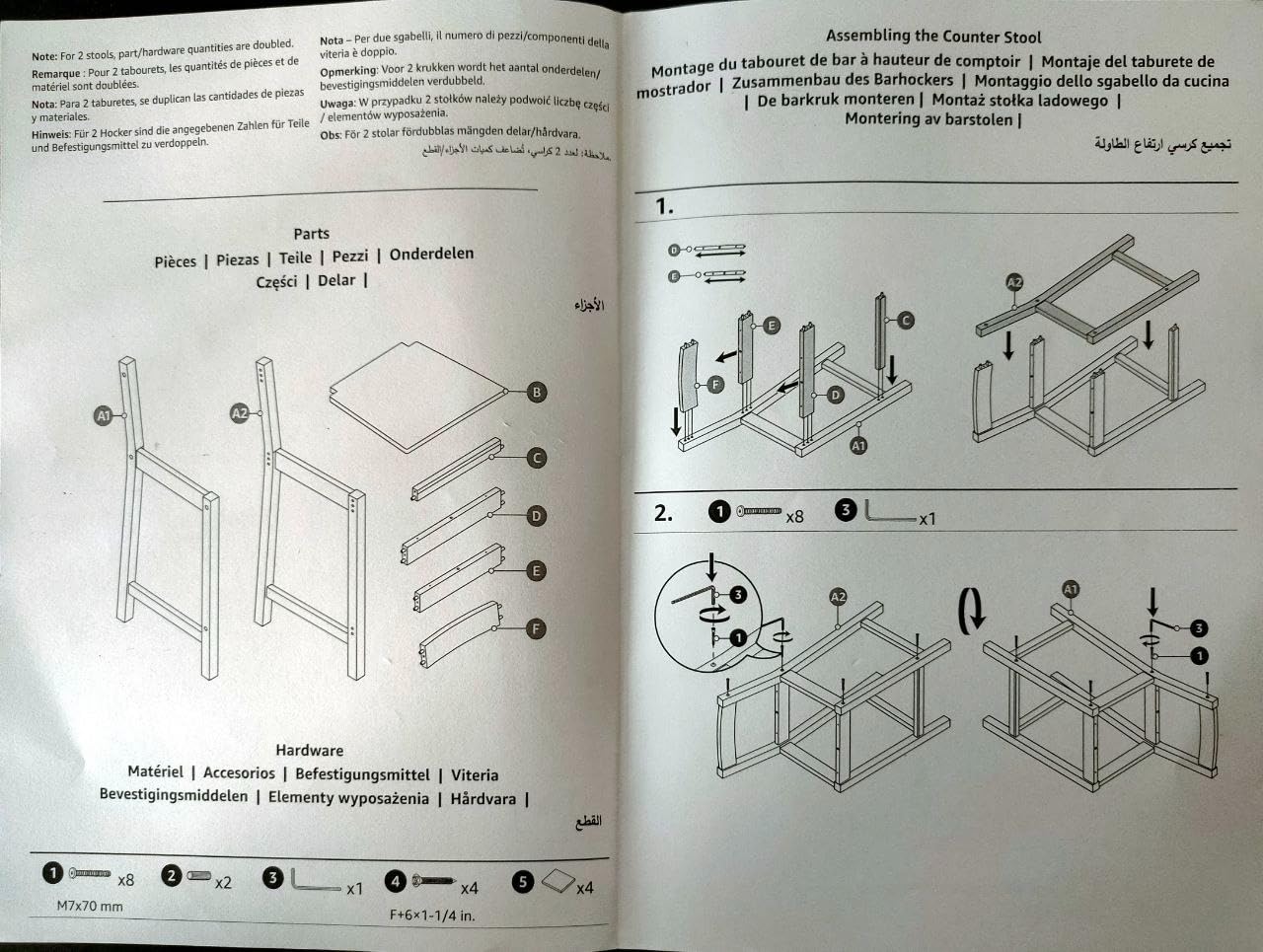 Amazon Basics Sgabello da Bancone Bianco Confezione da 2 con Schienale