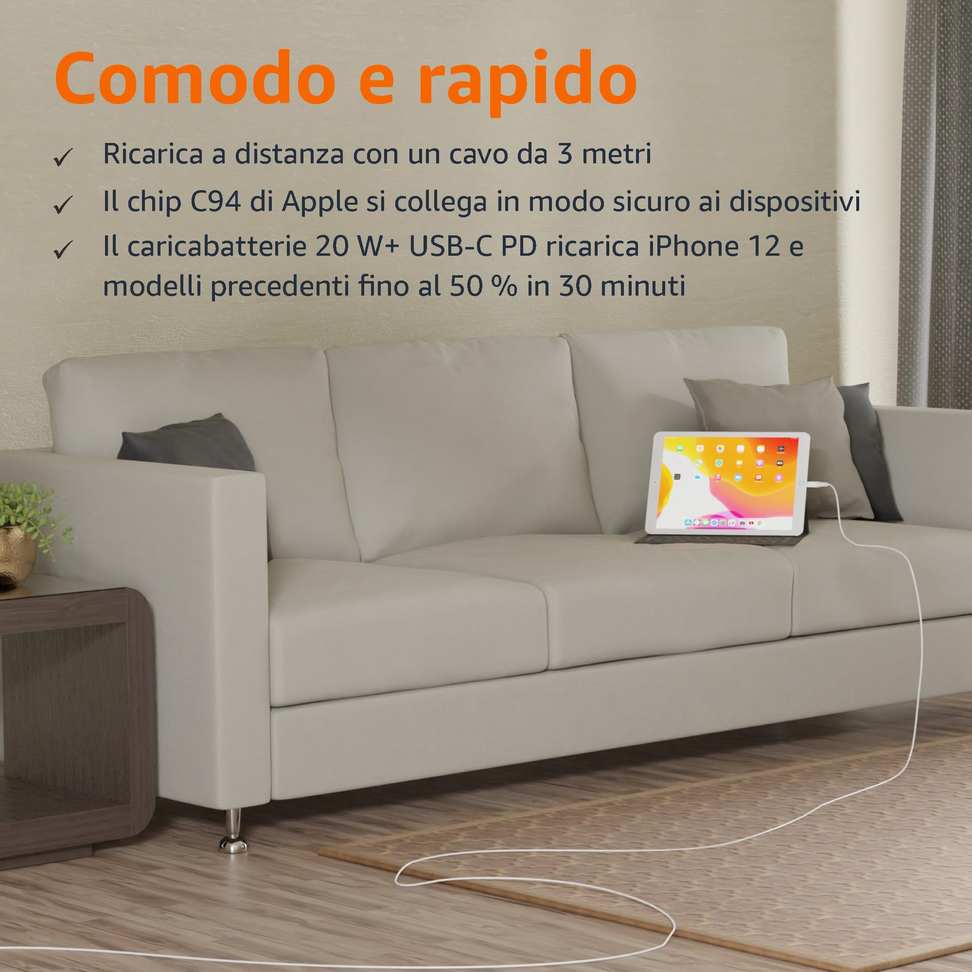 AmazonBasics cavo USB-C Lightning 3 m bianco ricarica rapida