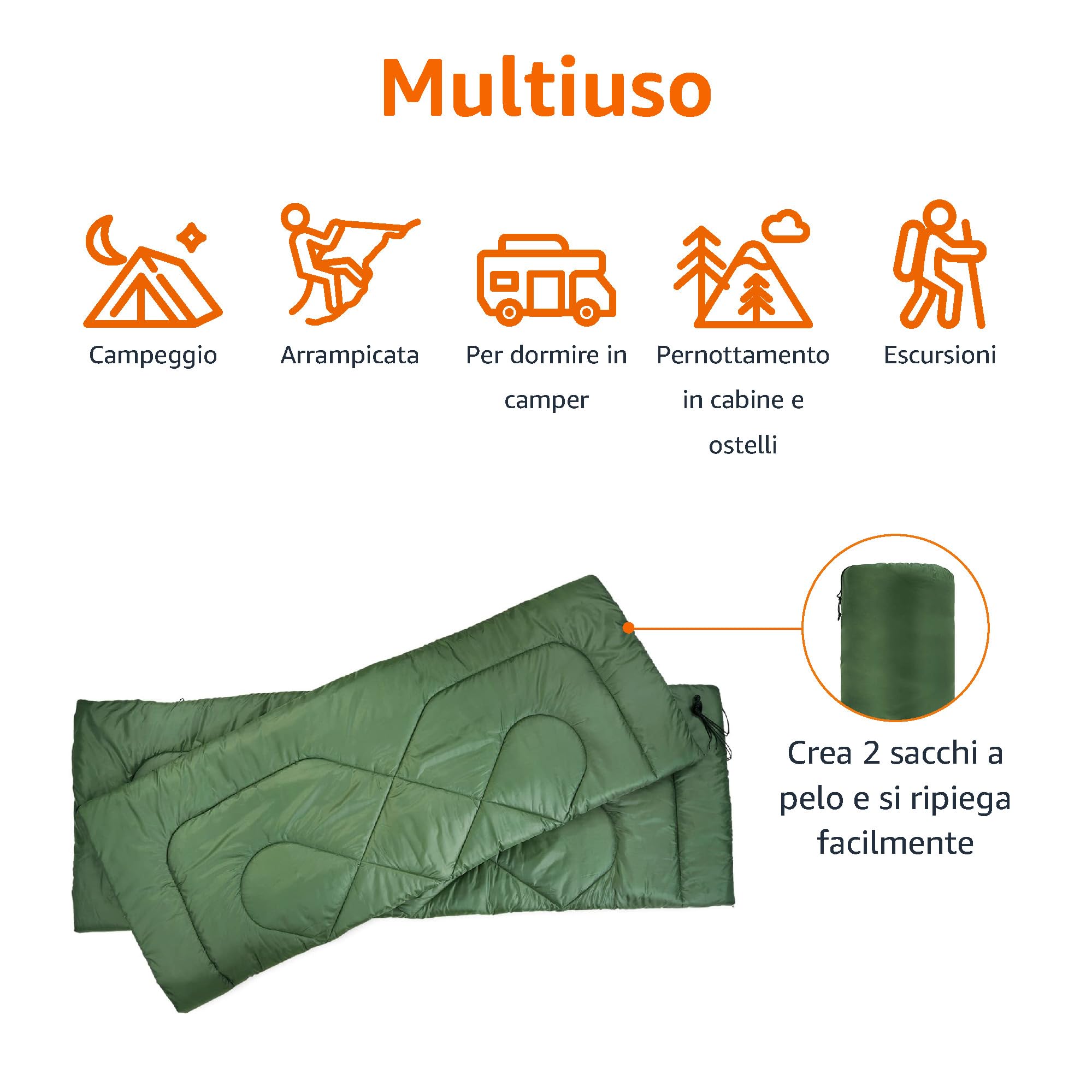 Amazon Basics Sacco a Pelo Matrimoniale 2 Persone Verde Oliva