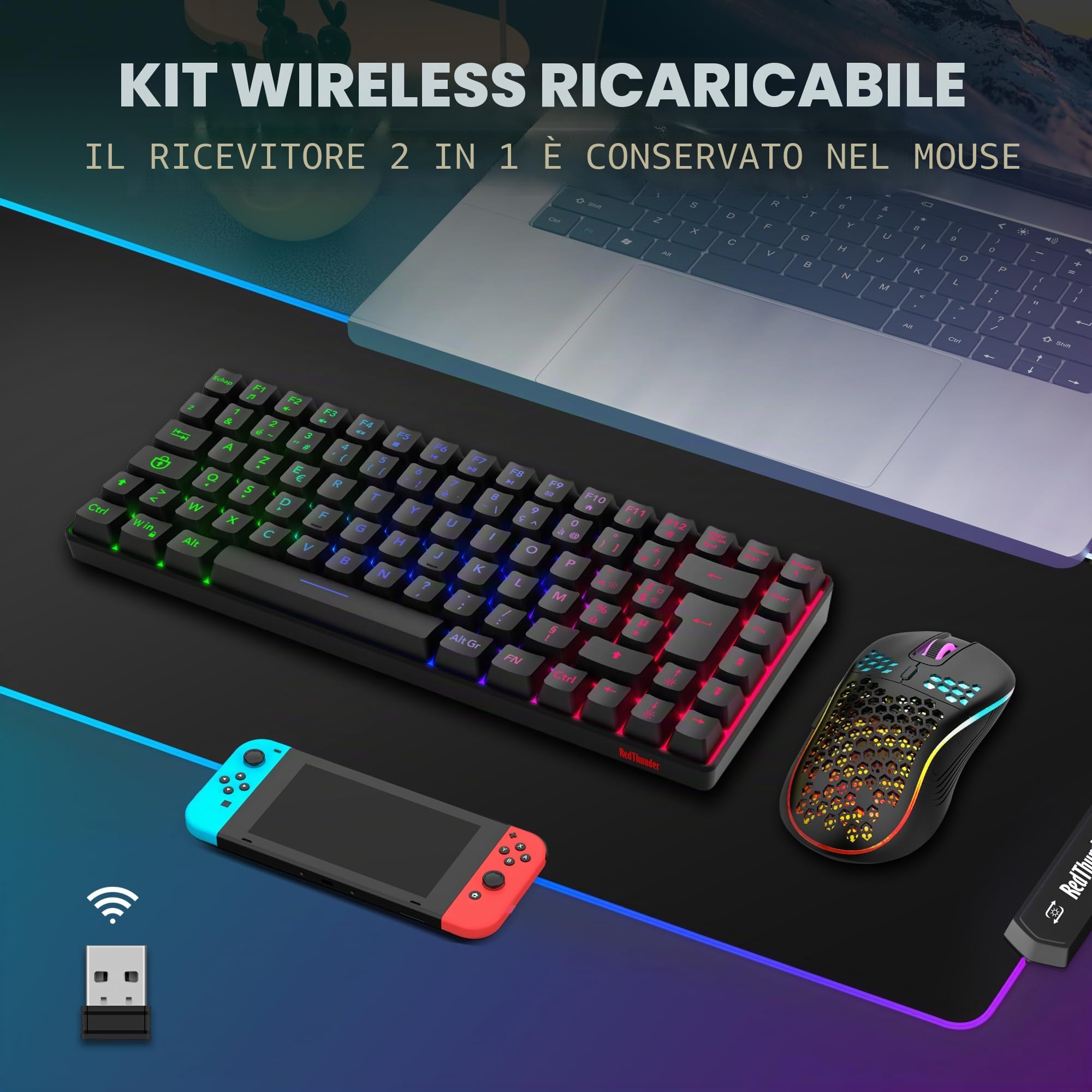 RedThunder K84 Combo Tastiera e Mouse Wireless Nero AZERTY