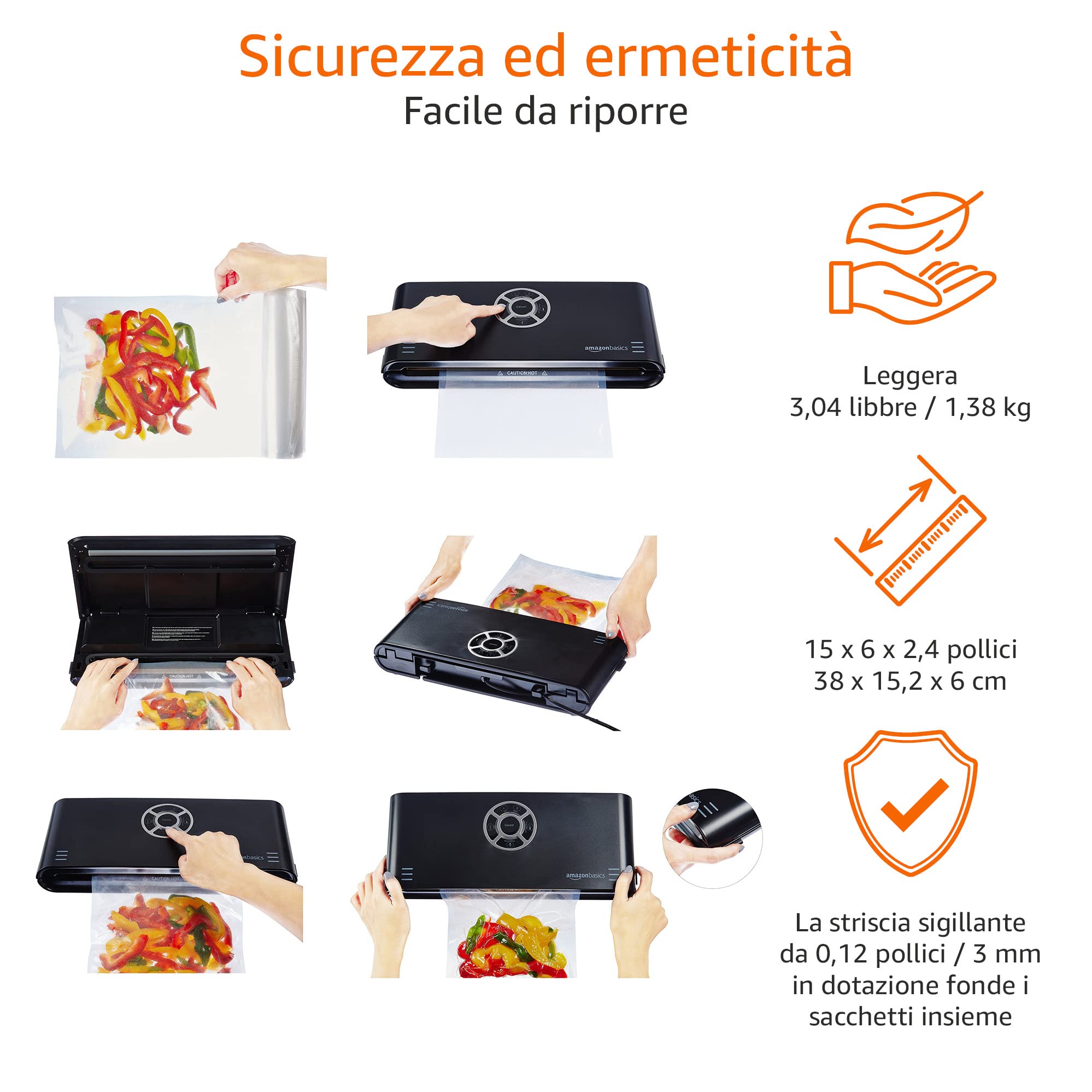 Amazon Basics Macchina Sottovuoto 30 cm Nero +10 Sacchetti