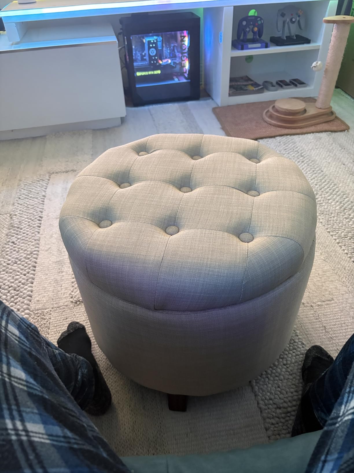 Amazon Basics Sgabello Imbottito Rotondo Beige Pouf Contenitore