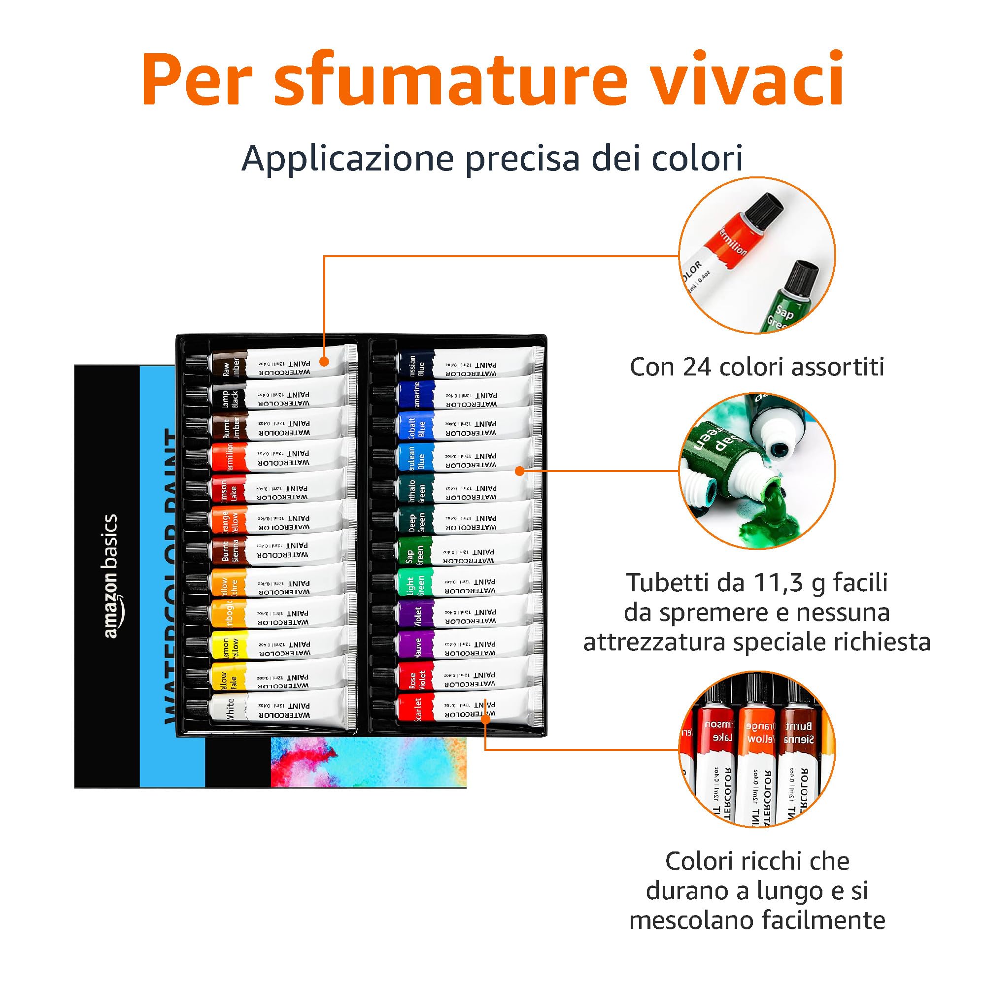 AmazonBasics Acquerelli 24 Tubetti 12 ml Colori Assortiti