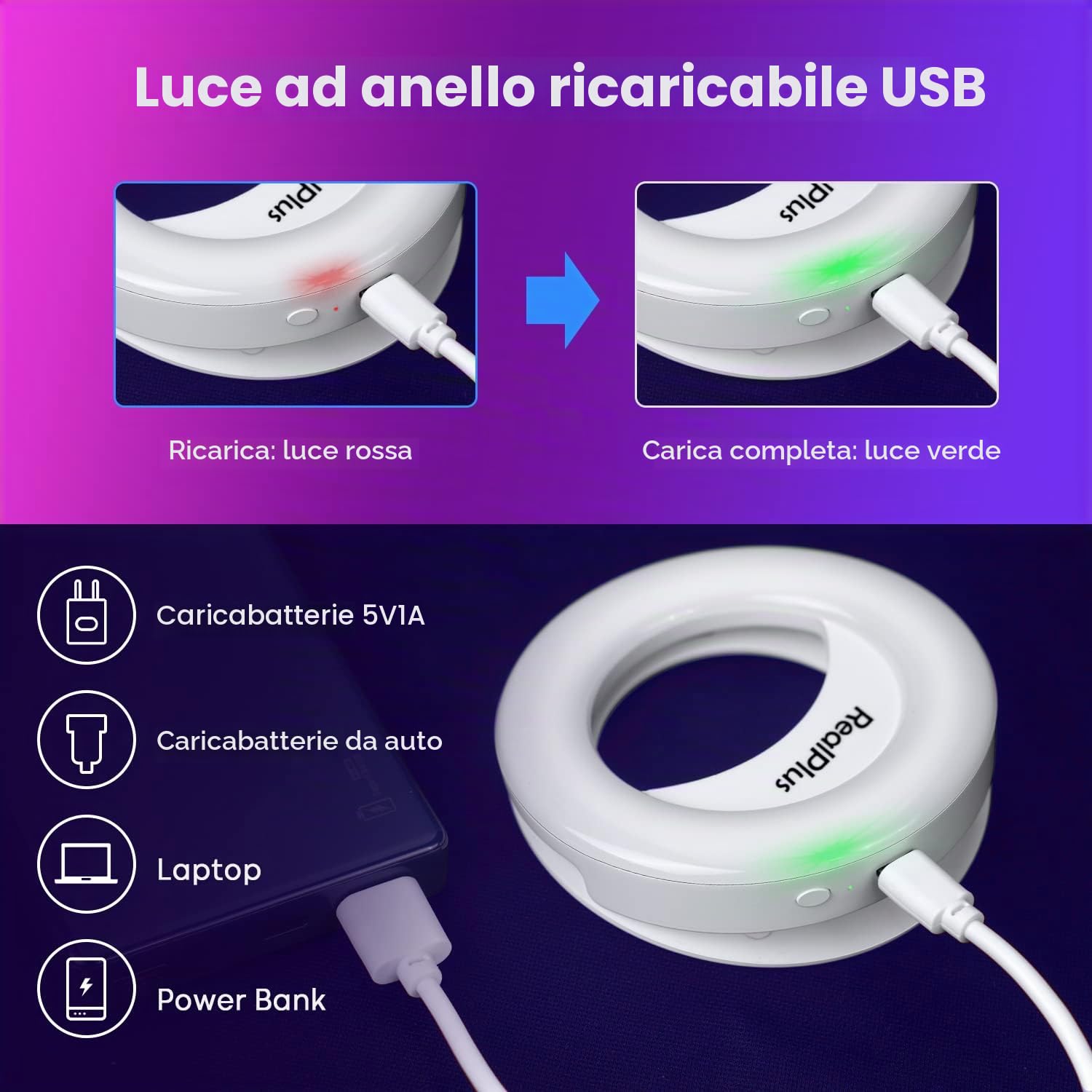 RealPlus Luce Anello Selfie RGB con Clip Ricaricabile USB