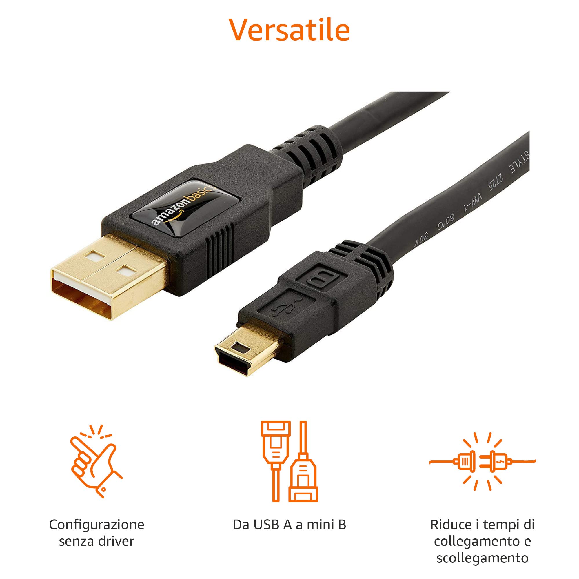 Amazon Basics Cavo USB-A Mini USB B 2.0 0.9m Nero Alta Velocità