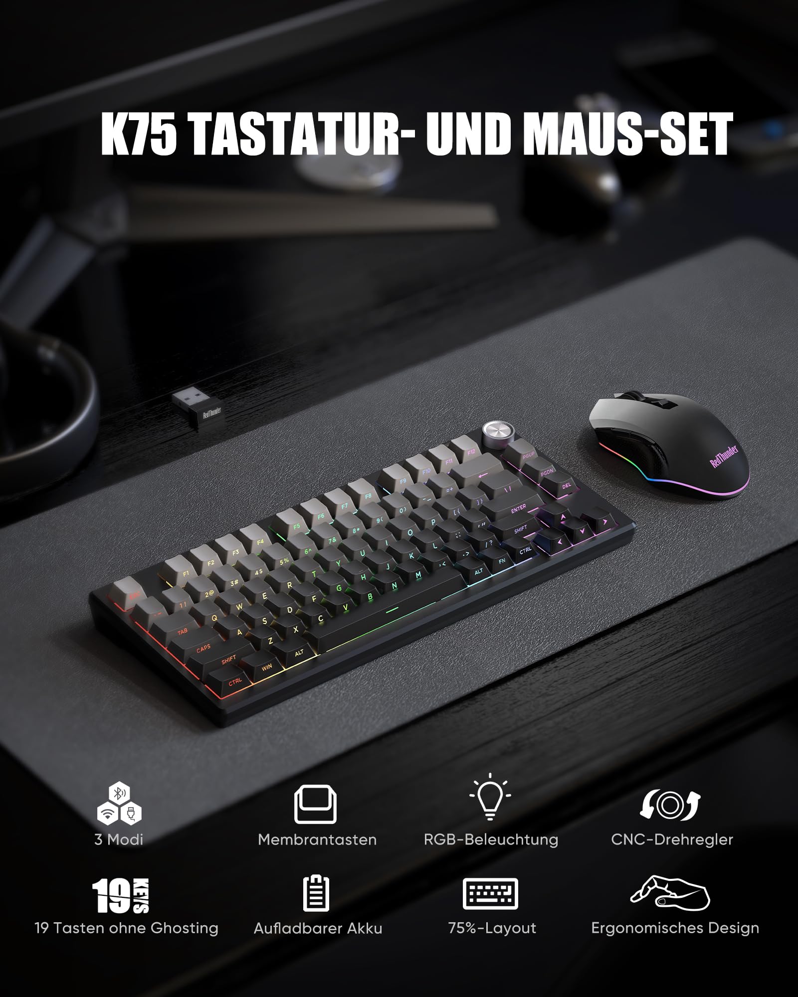 RedThunder K75 Kit Tastiera e Mouse Wireless RGB Grey