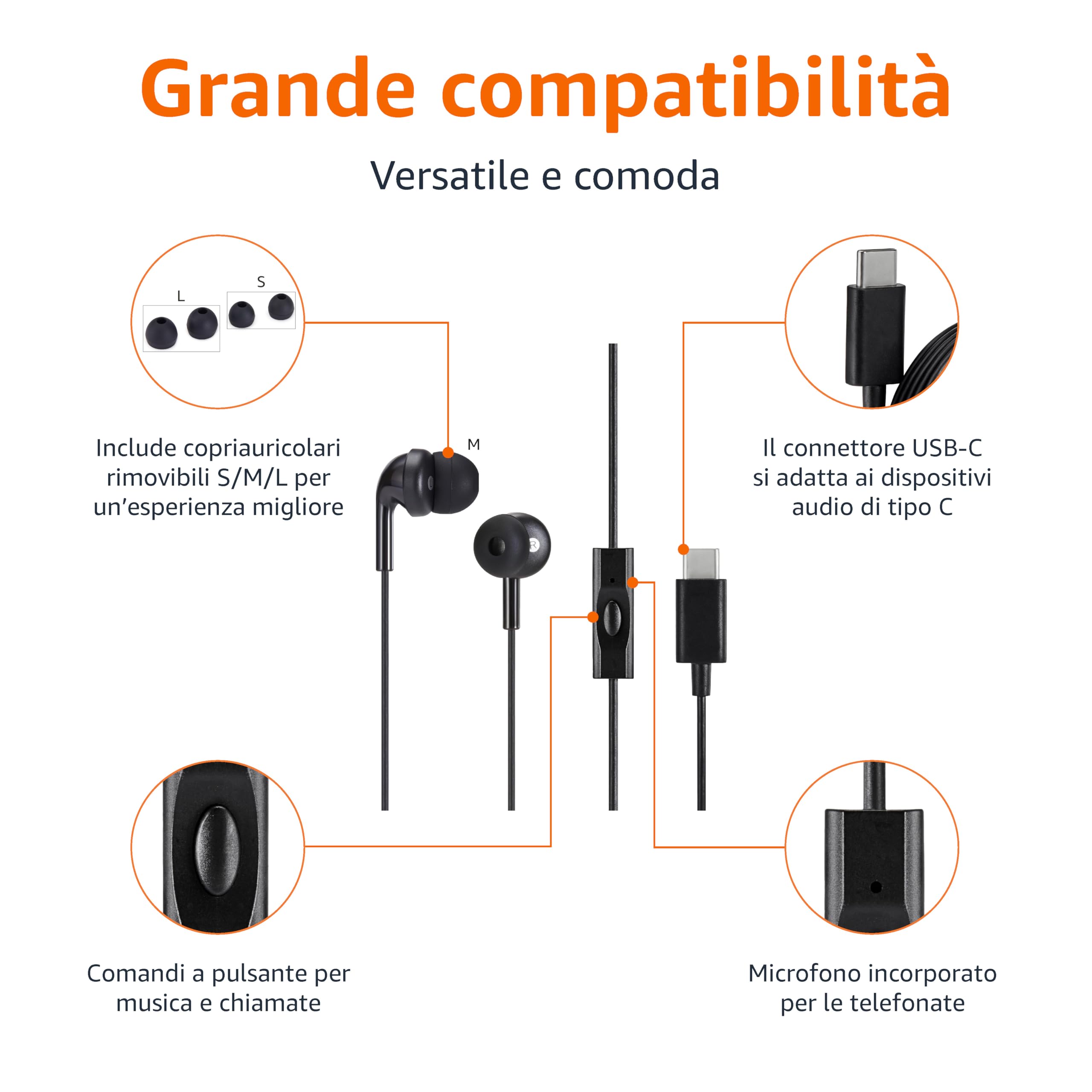AmazonBasics Auricolari In-Ear USB-C Nero con Microfono 1pz