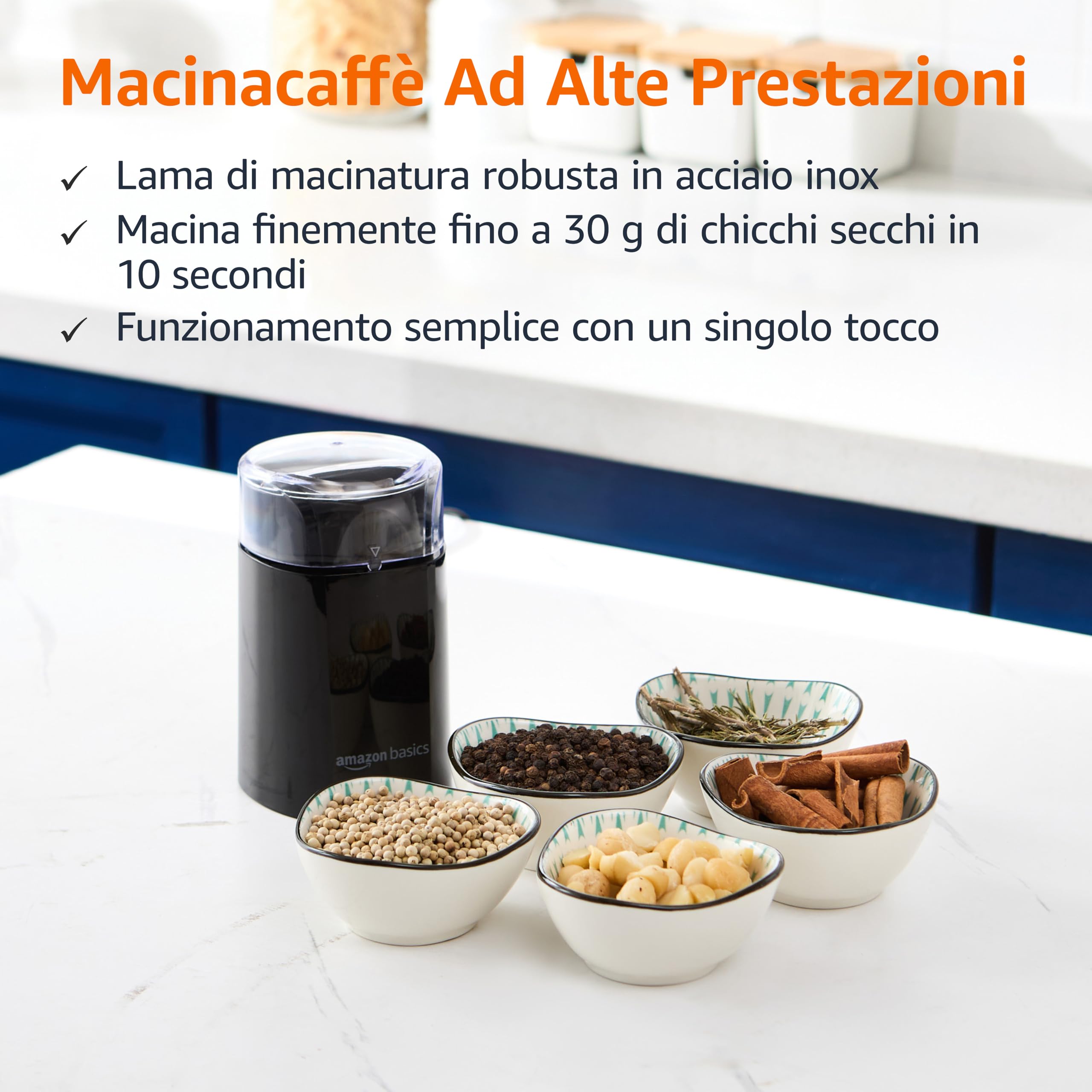Amazon Basics Macinacaffè Elettrico Nero 30 g Lama Inox