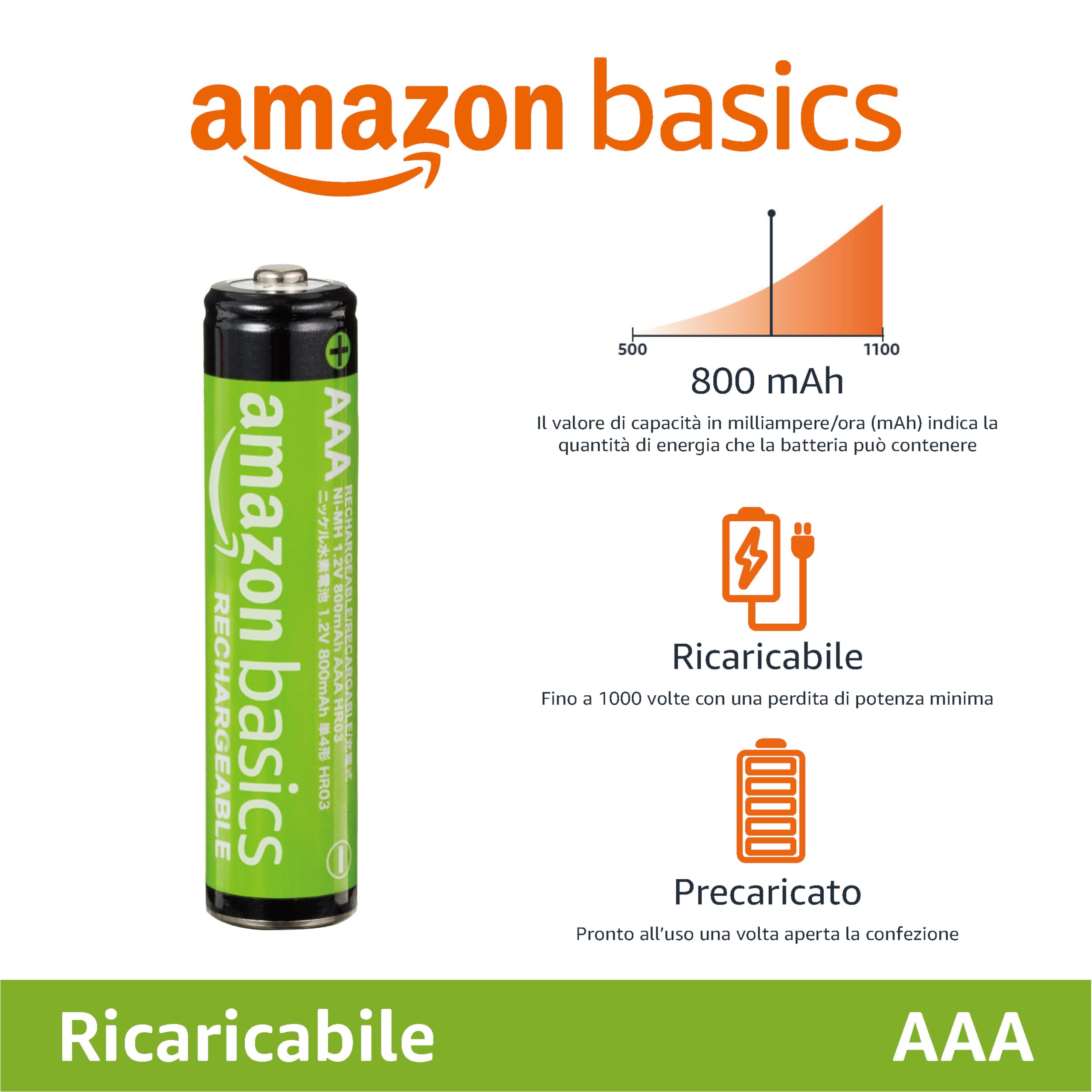 Amazon Basics Batterie AAA Ricaricabili 800mAh 12 Pezzi