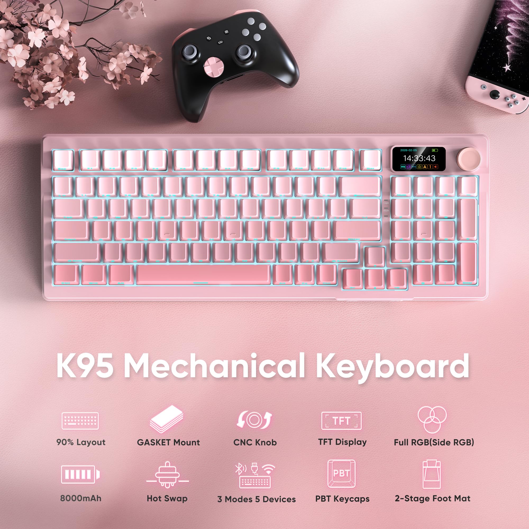 RedThunder K95 Tastiera Meccanica Wireless RGB con Display 95 Tasti