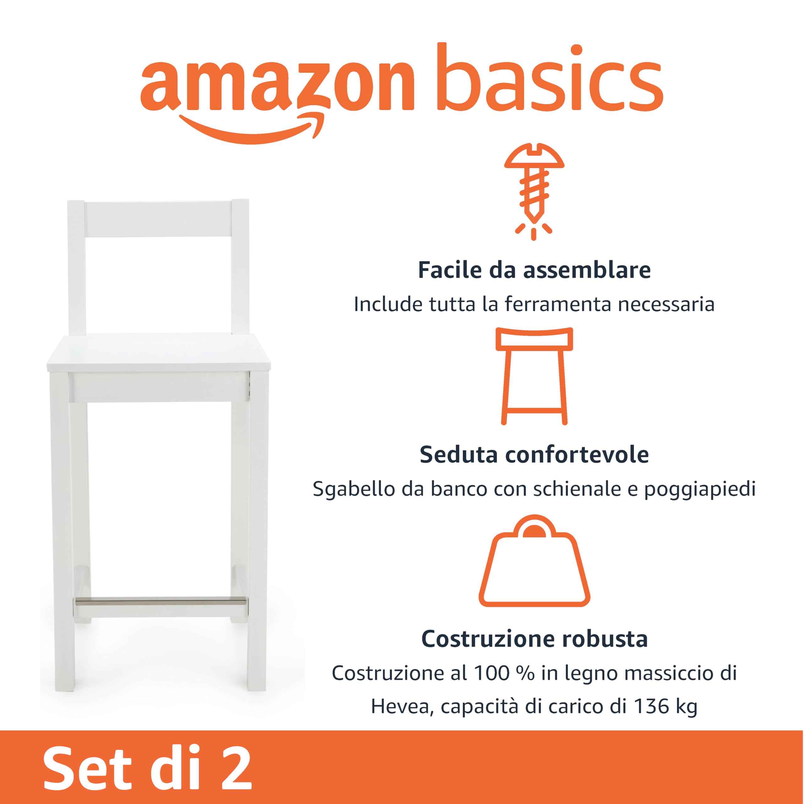 Amazon Basics Sgabello da Bancone Bianco Confezione da 2 con Schienale