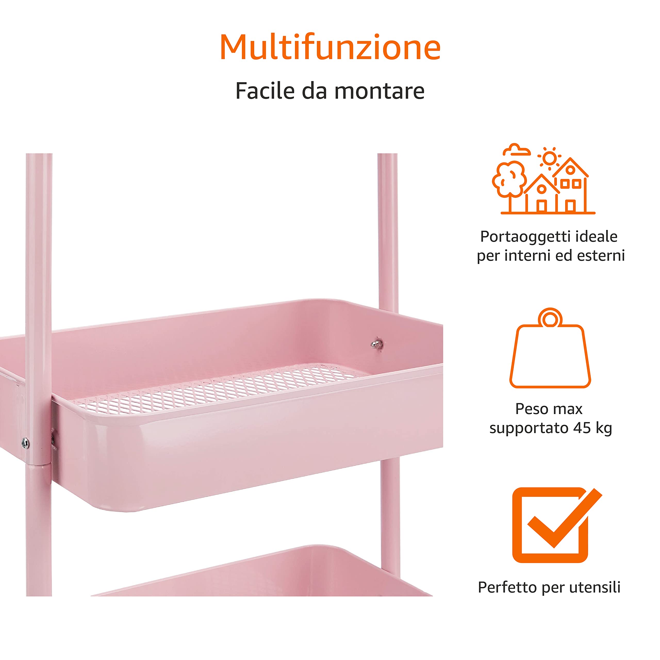 Amazon Basics Carrello 3 Ripiani con Ruote Rosa Antico Metallo