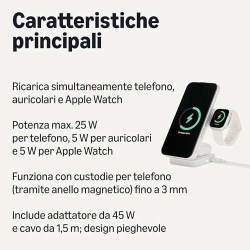 Amazon Basics Stazione Ricarica Wireless 3 in 1 Qi2.2 25W Bianco