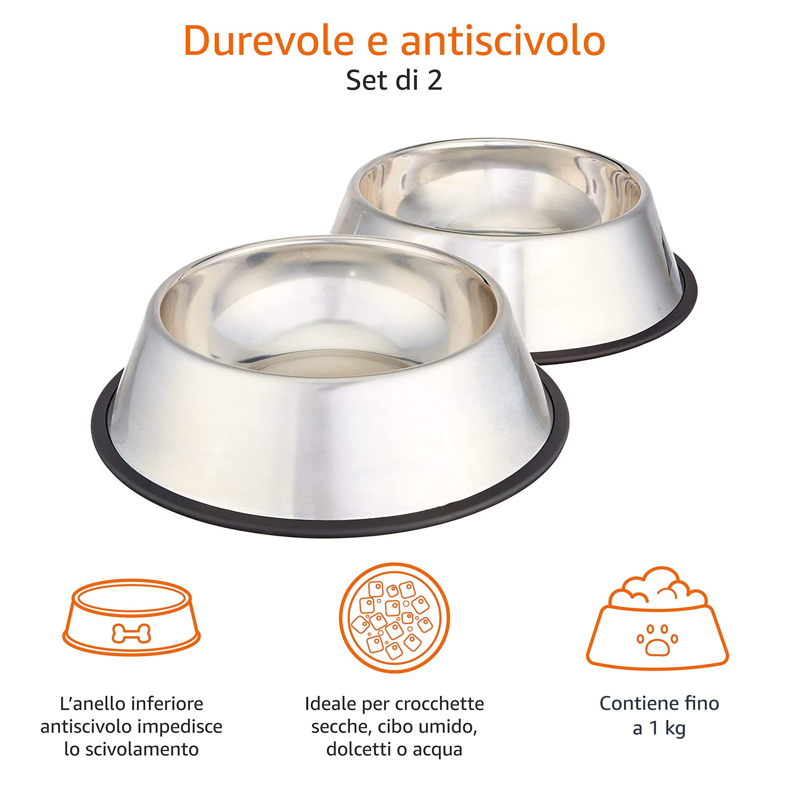 Amazon Basics Ciotola Cane Acciaio Inox 1000ml Confezione 2 Pezzi