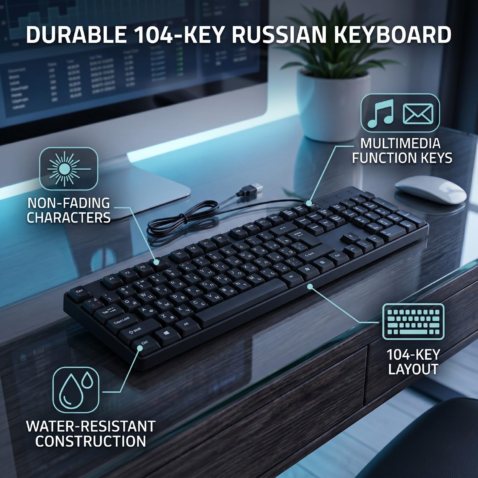 Elprico Tastiera Russa Inglese USB 104 Tasti Antischizzo