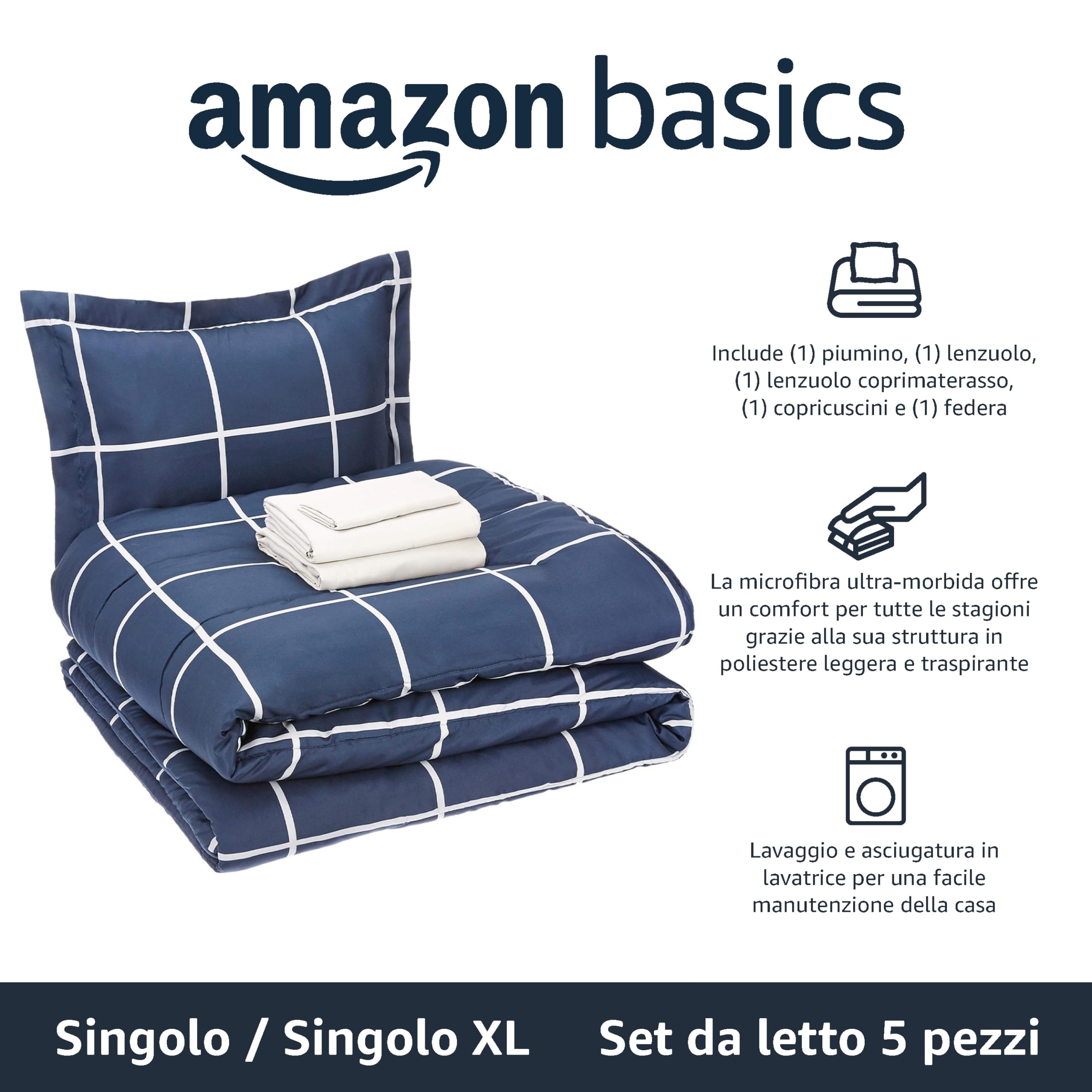 AmazonBasics Set Letto 5 Pezzi Piazza e Mezza Blu Marino Geometrico