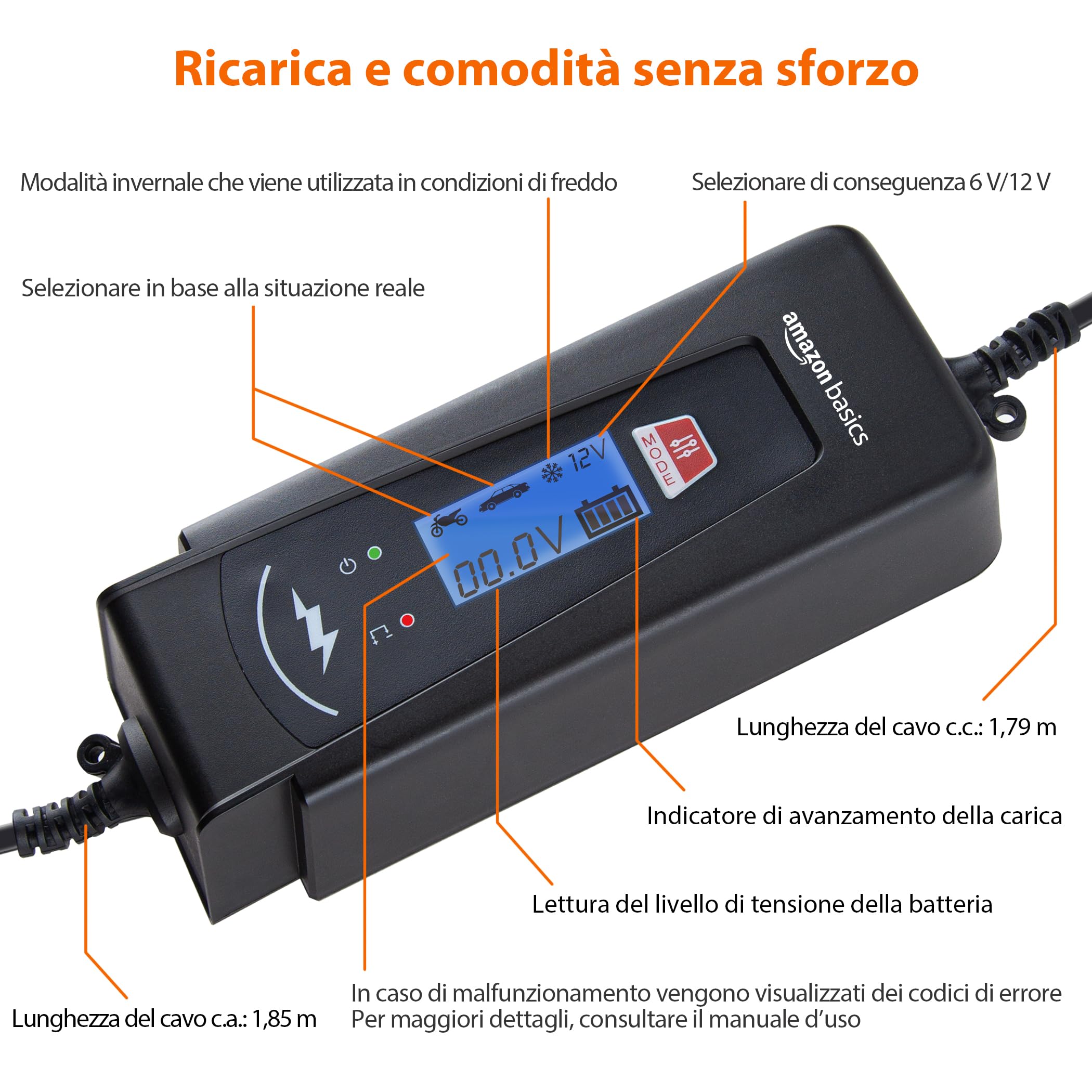 Amazon Basics Caricabatterie Auto 6V 12V 2A 4A Nero con Tester
