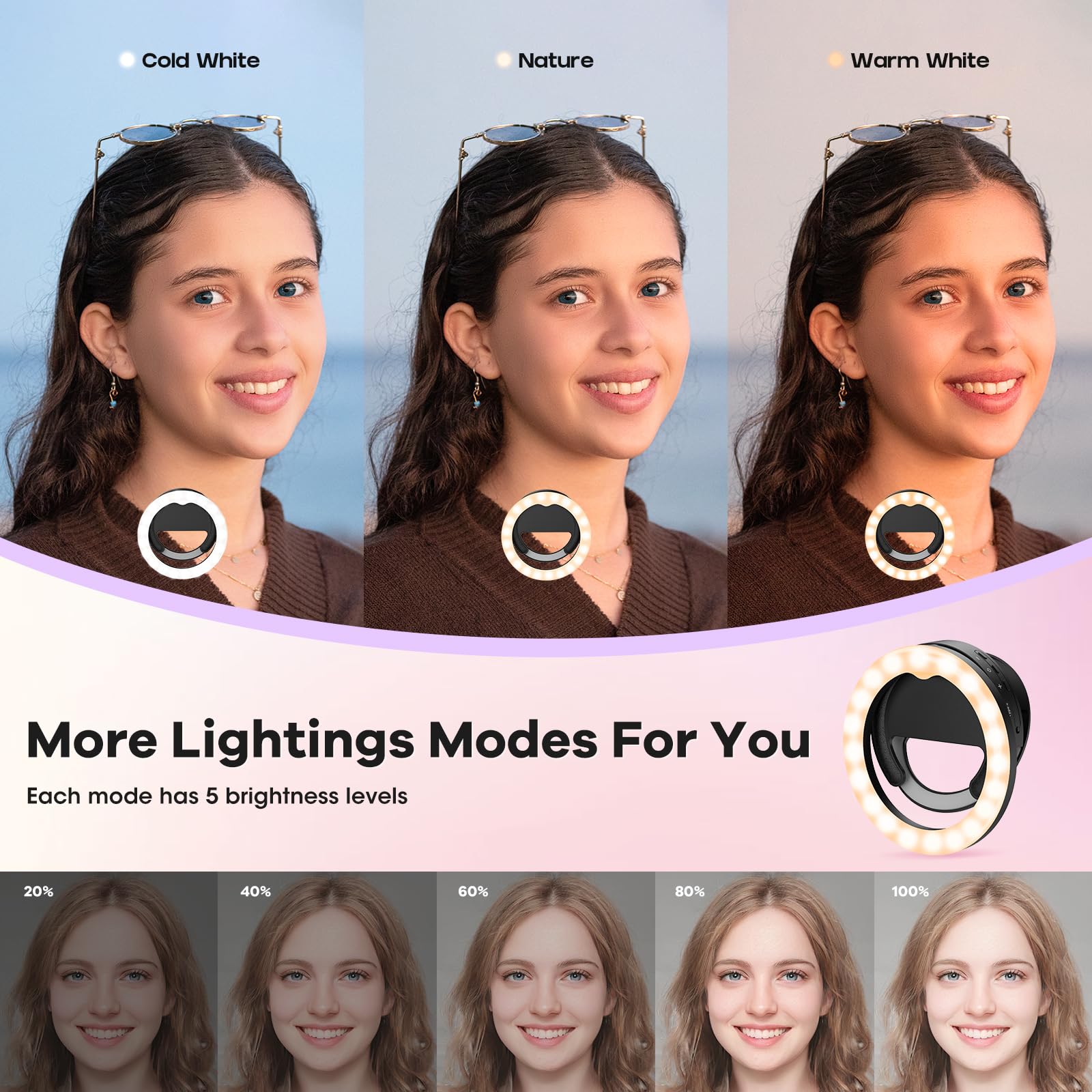 RealPlus Ring Light Ruotabile Luce Selfie Nero 40 LED Ricaricabile