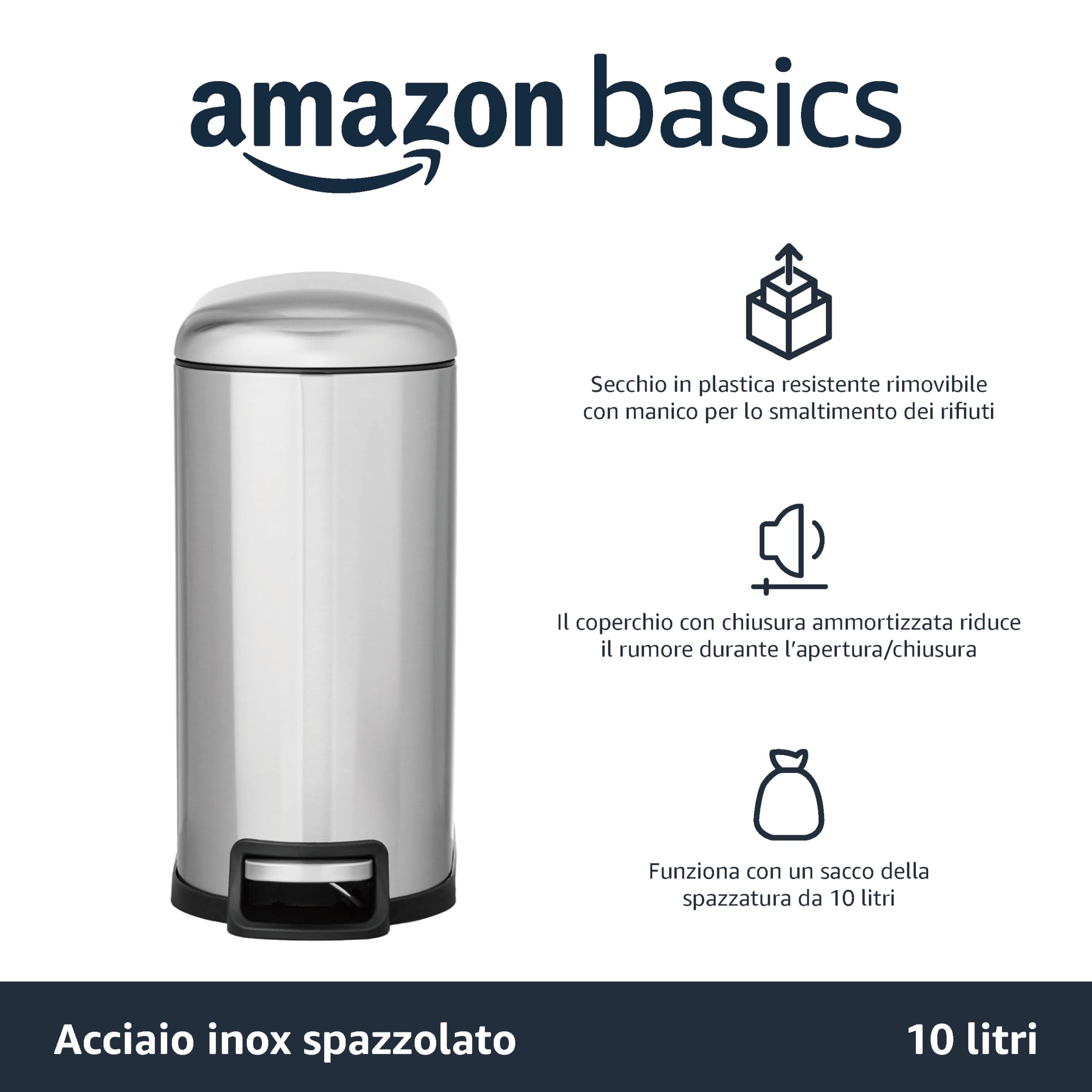 Amazon Basics Pattumiera con Pedale Acciaio Inox 10 L slim