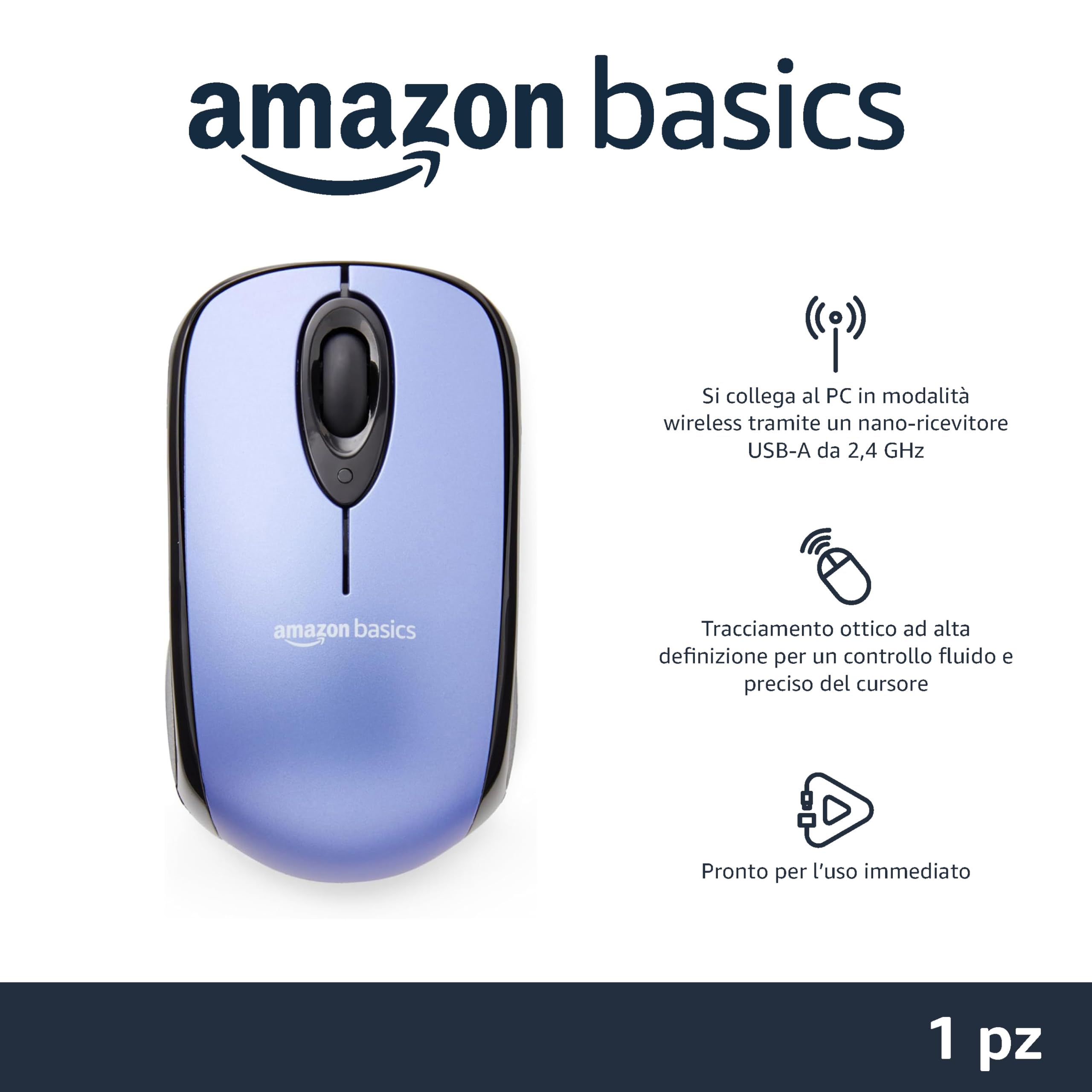 Amazon Basics Mouse Senza Fili Blu Microricevitore USB