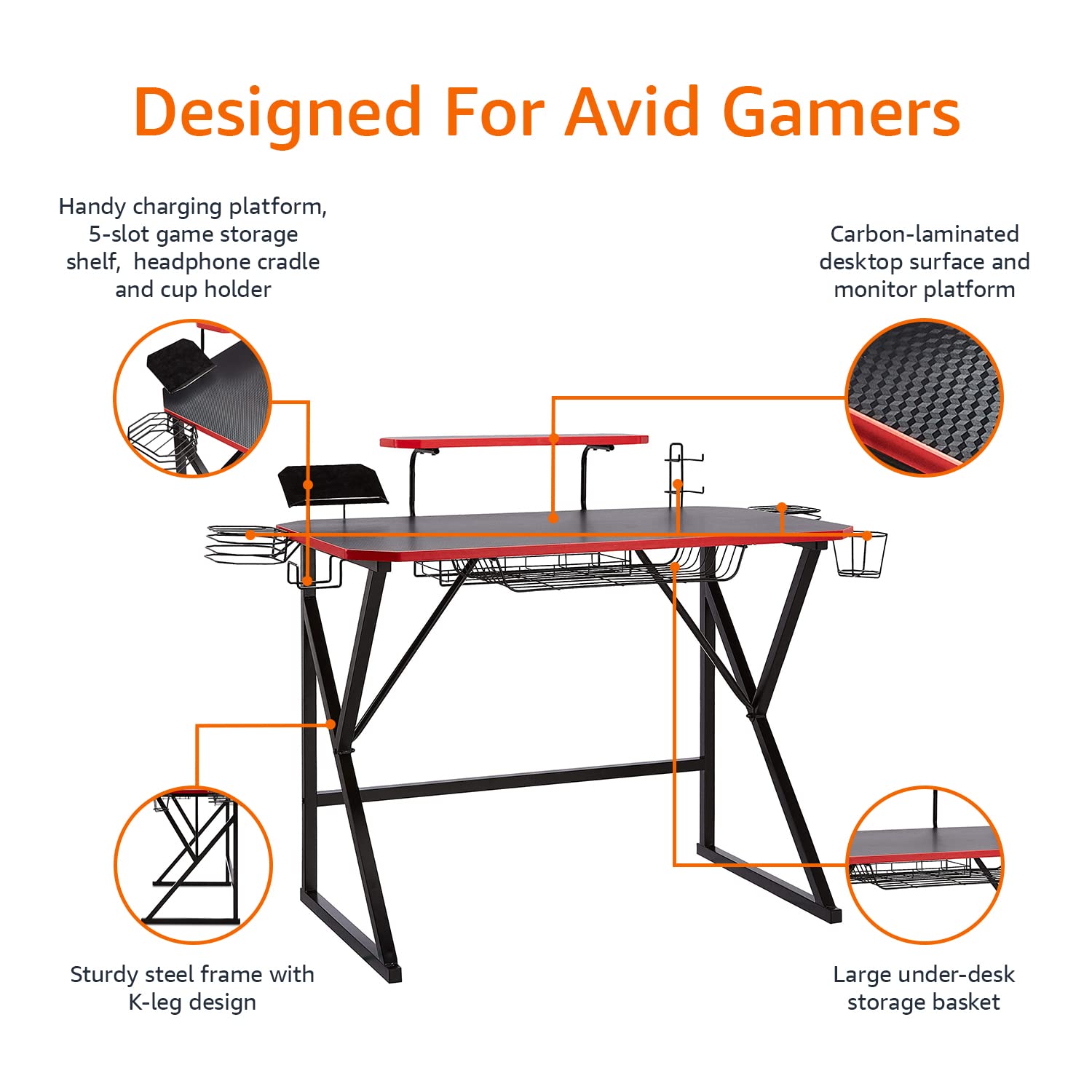 AmazonBasics Scrivania Gaming con Scomparti Rossa 130 cm