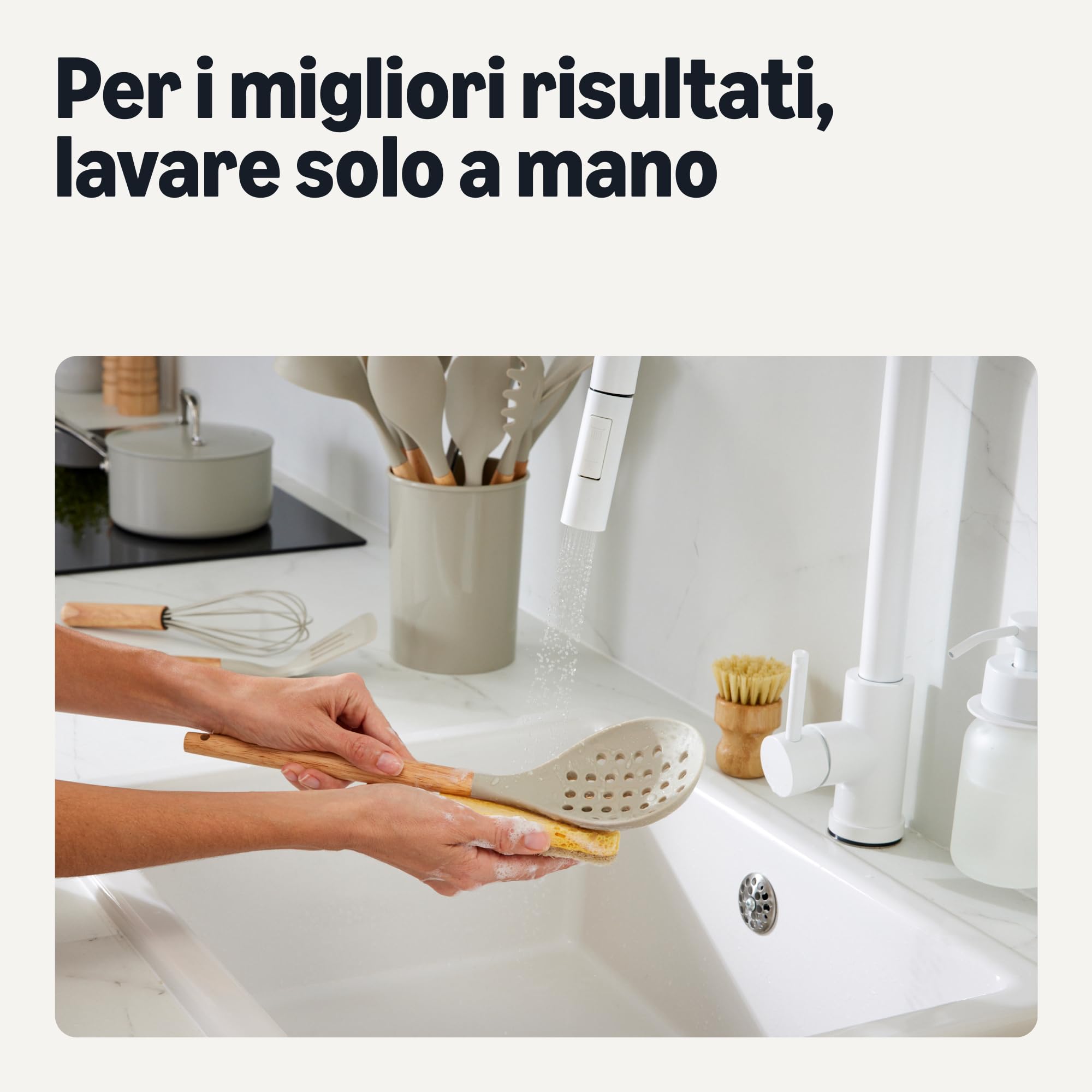 Amazon Basics utensili cucina silicone 14 pezzi grigio lino legno