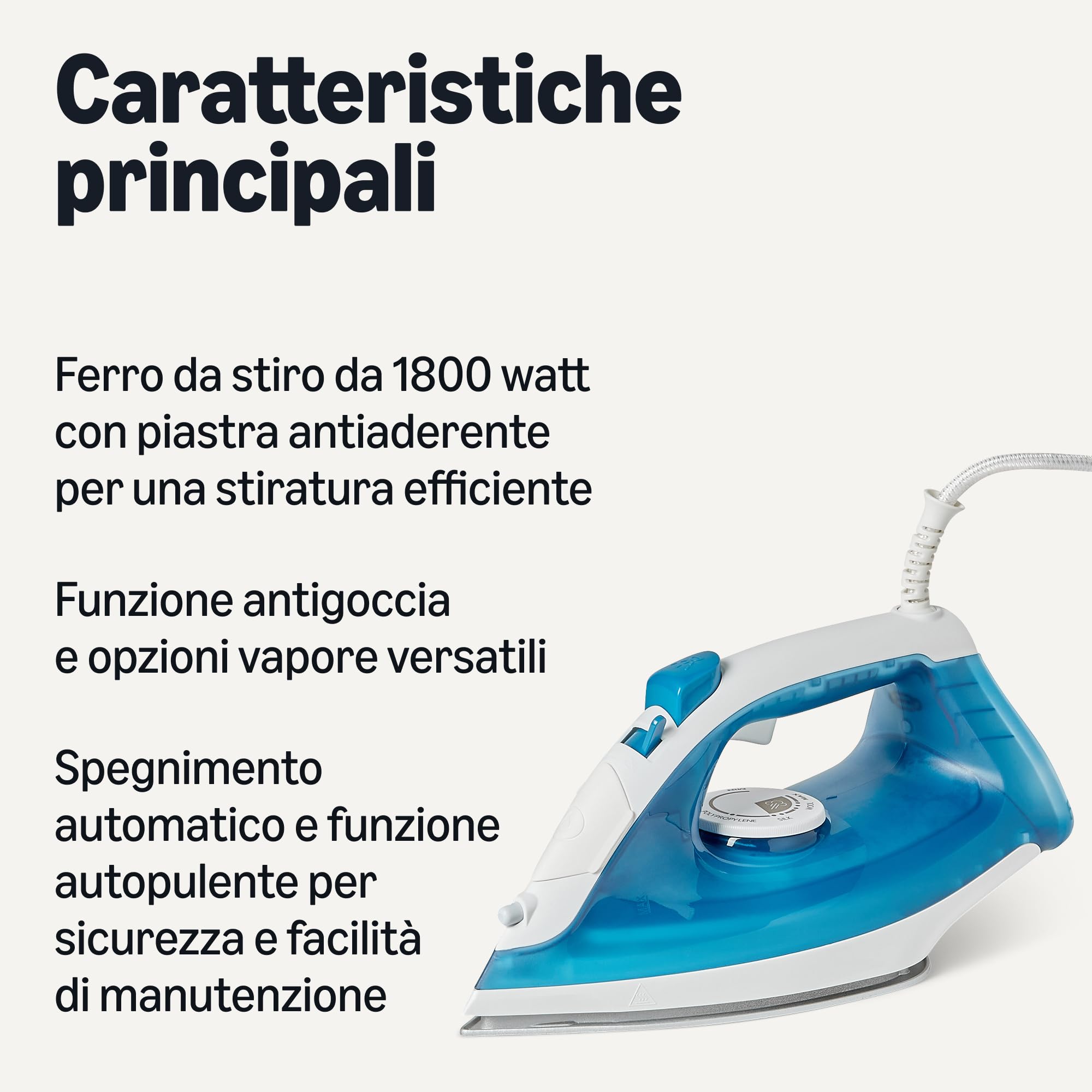 Amazon Basics ferro da stiro a vapore 1800W 200 ml blu