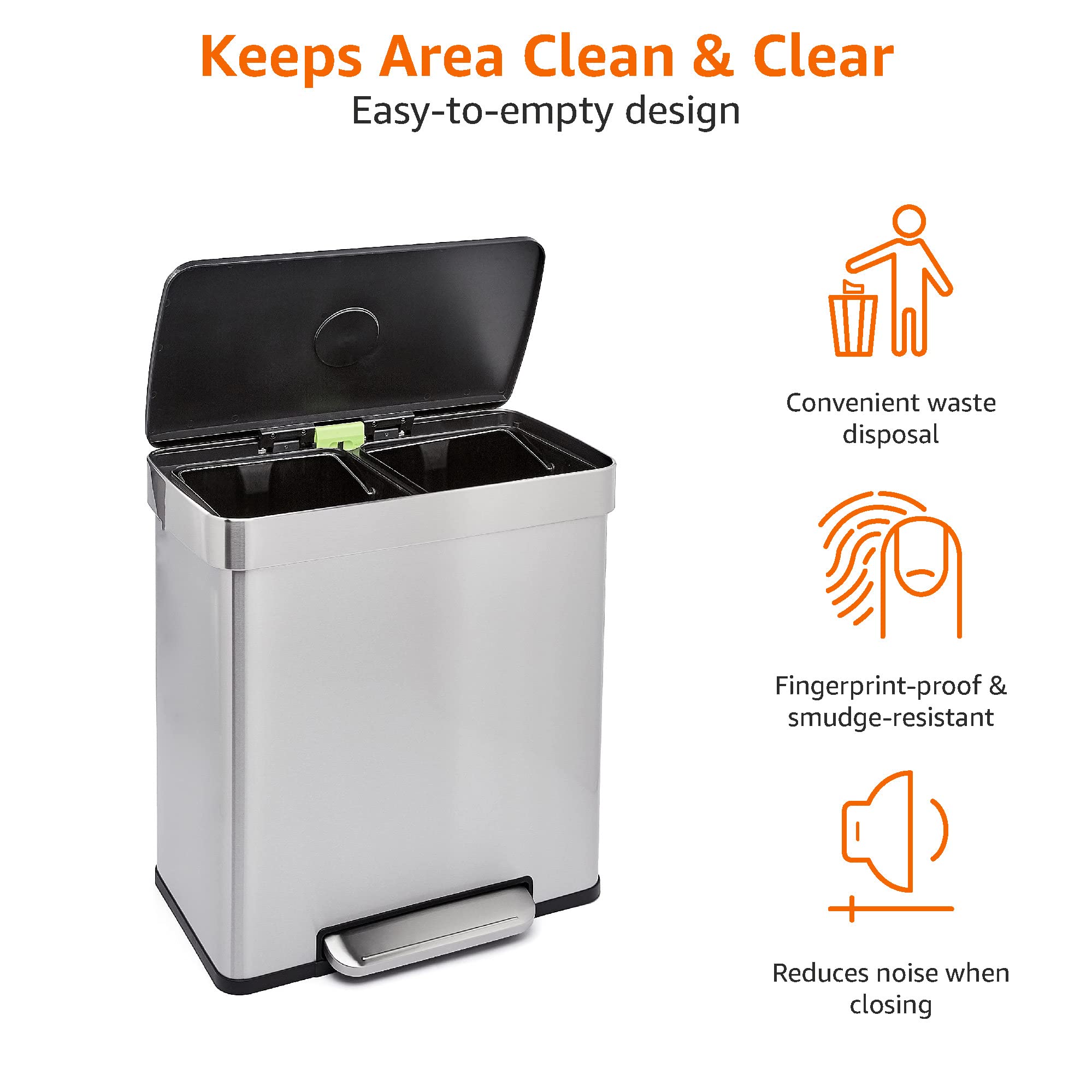 AmazonBasics Pattumiera 30+30L Doppia 60L Acciaio Inox